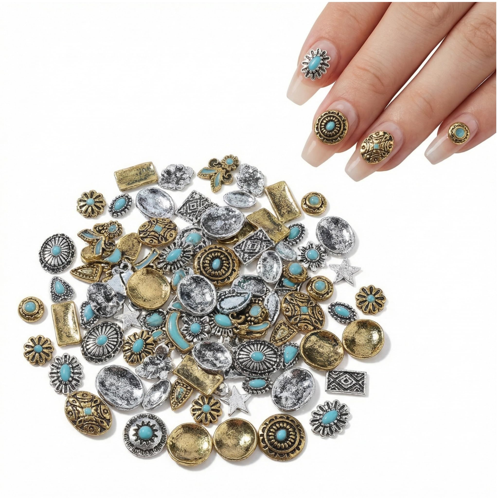 50 szt. westernowe zawieszki do paznokci turkusowa bransoletka metalowa biżuteria zawieszka do paznokci małe luzem kolorowe rockowe retro bohemia stop totem 3D marmurowe klejnoty manicure