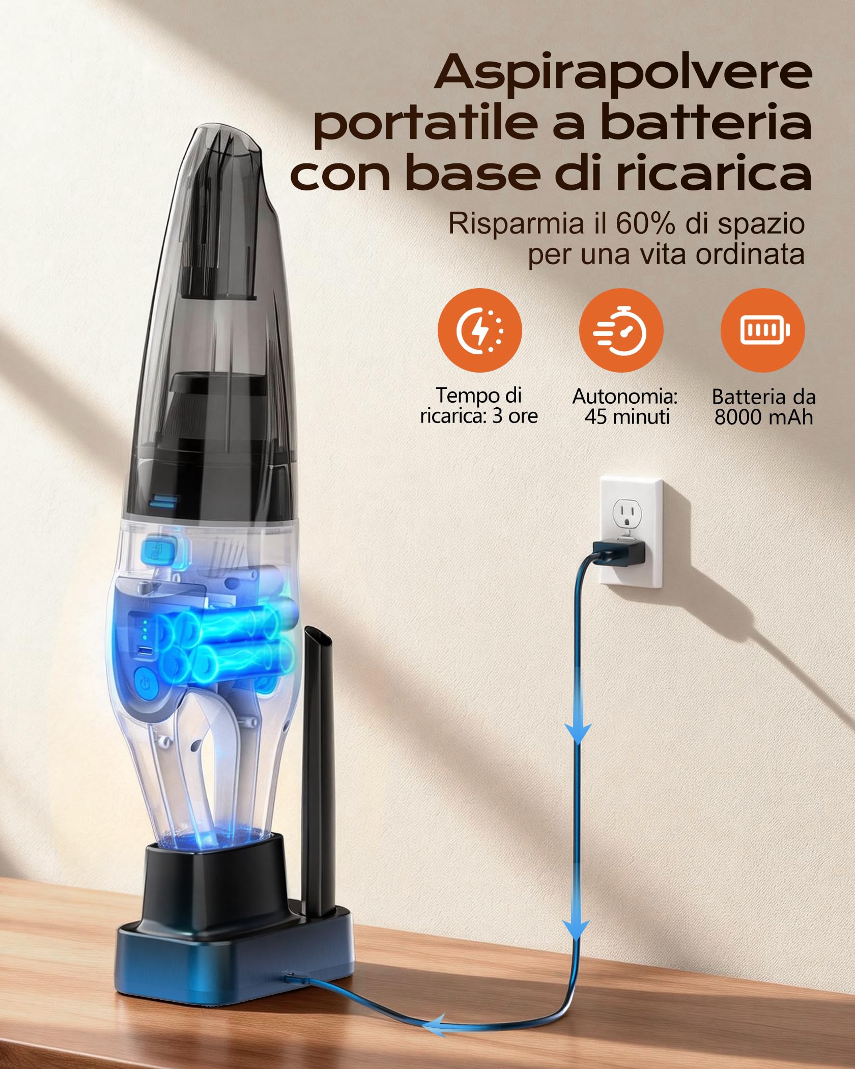 Topipop Aspirabriciole Senza Fili, 25000Pa Aspirapolvere Portatile con Stazione di Ricarica, Filtro HEPA Lavabile e Batteria 8000mAh, Include LED e 3 Spazzole per Casa, Pelo Animali, Auto (Bianco)