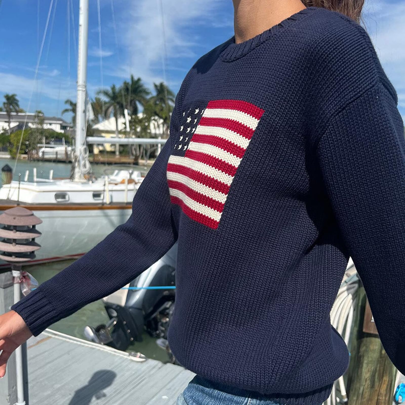 Luckinbaby Maglione con bandiera americana da donna a righe maglioni a stella USA felpa patriottica lavorata a maglia allentata pullover top