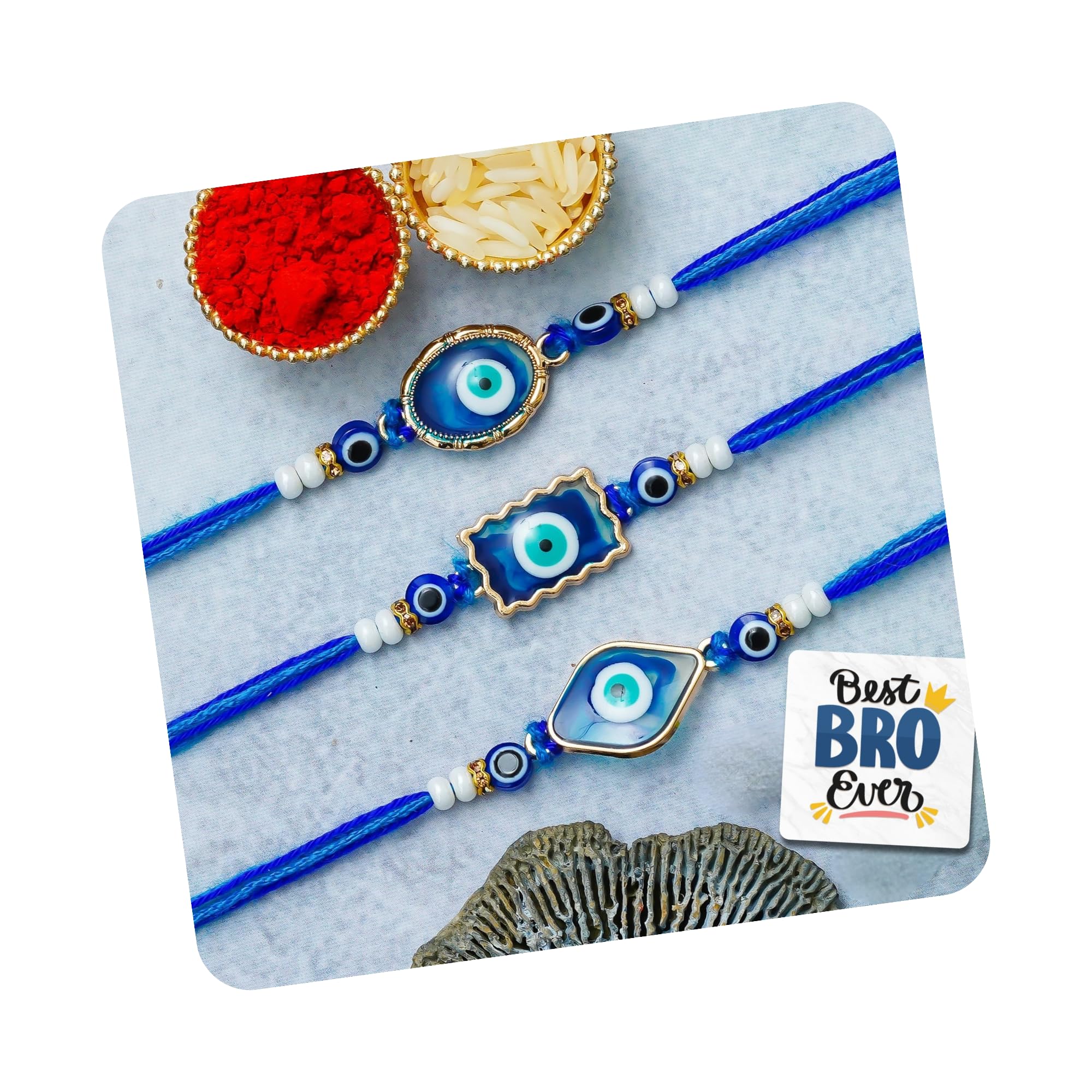 eCraftIndia Set of 3 Evil Eye Rakhis | Best Bro Ever Fridge Magnet | Roli Chawal Pack | Evil Eye Rakhi for Brother Bhaiya Bhai Bhabhi Kids-image-41