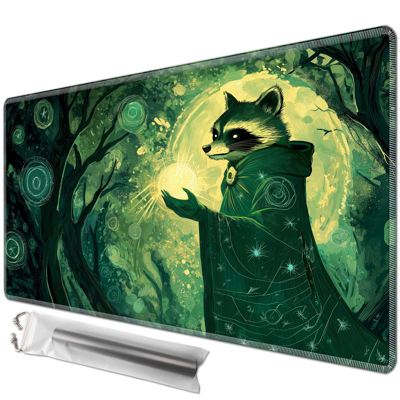 JANENFNA TCG Card Playmat 27.5" x 15.7" with Storage Bags for MTG Game Play Mats, Premium Stitched Non-Slip Rubber Tabletop Magic Play Mats Desk Duel Card Breaking Mats, Raccoon Sorcerer โ image 1