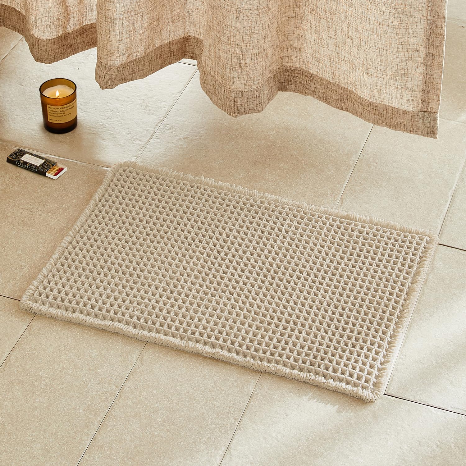 Photo 1 of **SMALL**TYUU Pale Beige Bathroom Rug, Waffle Bath Mat Non Slip Washable Super Absorbent Quick Dry Boho Farmhouse Bathroom Decor, 24''x16'' Pale Beige