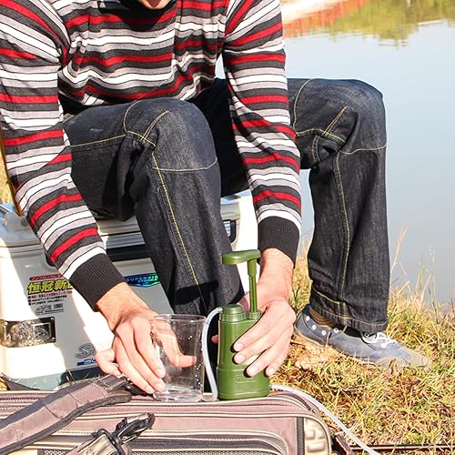 Miniatura 6 de Bomba de filtro de agua portátil verde militar ligero purificador de agua para acampar senderismo supervivencia de emergencia actividades al aire