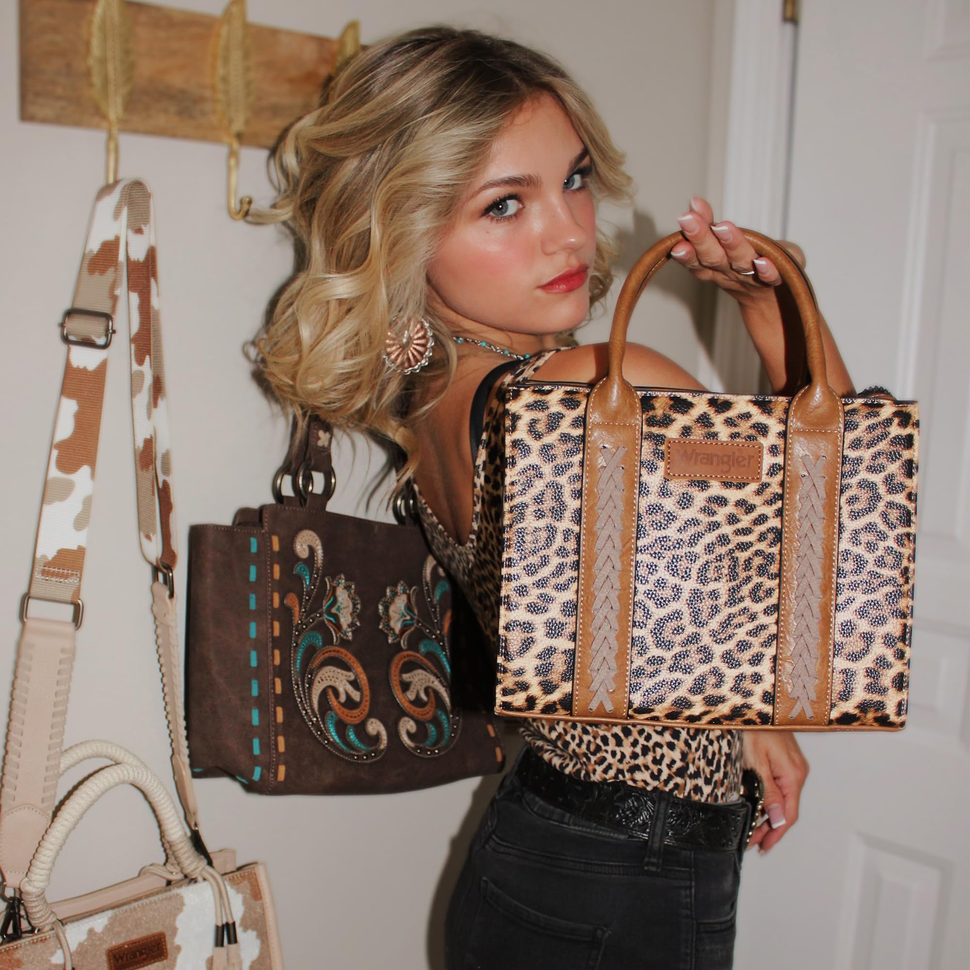 Wrangler Medium Tote Bag for Women Designer Satchel Handbags Top-handle Purses with Strap: Leopard-leopard Print