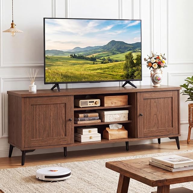 Giantex 2-Door TV Pour les téléviseurs jusqu'à 65", Mid Century Modern Entertainment Center avec 2 Armoires de rangement & 4 Tablettes réglables, 6 Jambes métalliques, médias TV Console Table pour salon (Walnut)