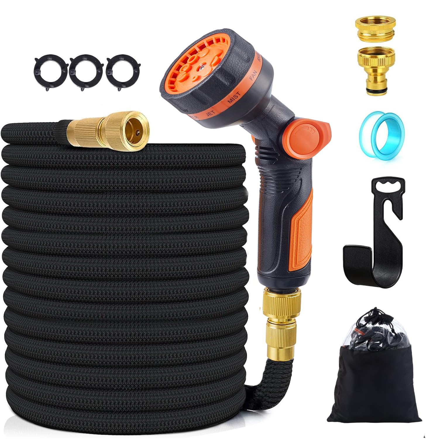 Gartenschlauch Flexibler 15m, Flexibel Wasserschlauch, Strapazierfähiger 3 lagiger Latex, 3/4 Zoll und 1/2 Zoll Metallanschlüsse, 3450D-Gewebe, knickfrei, Garden Hose Schlauch mit 10 Funktions Spray