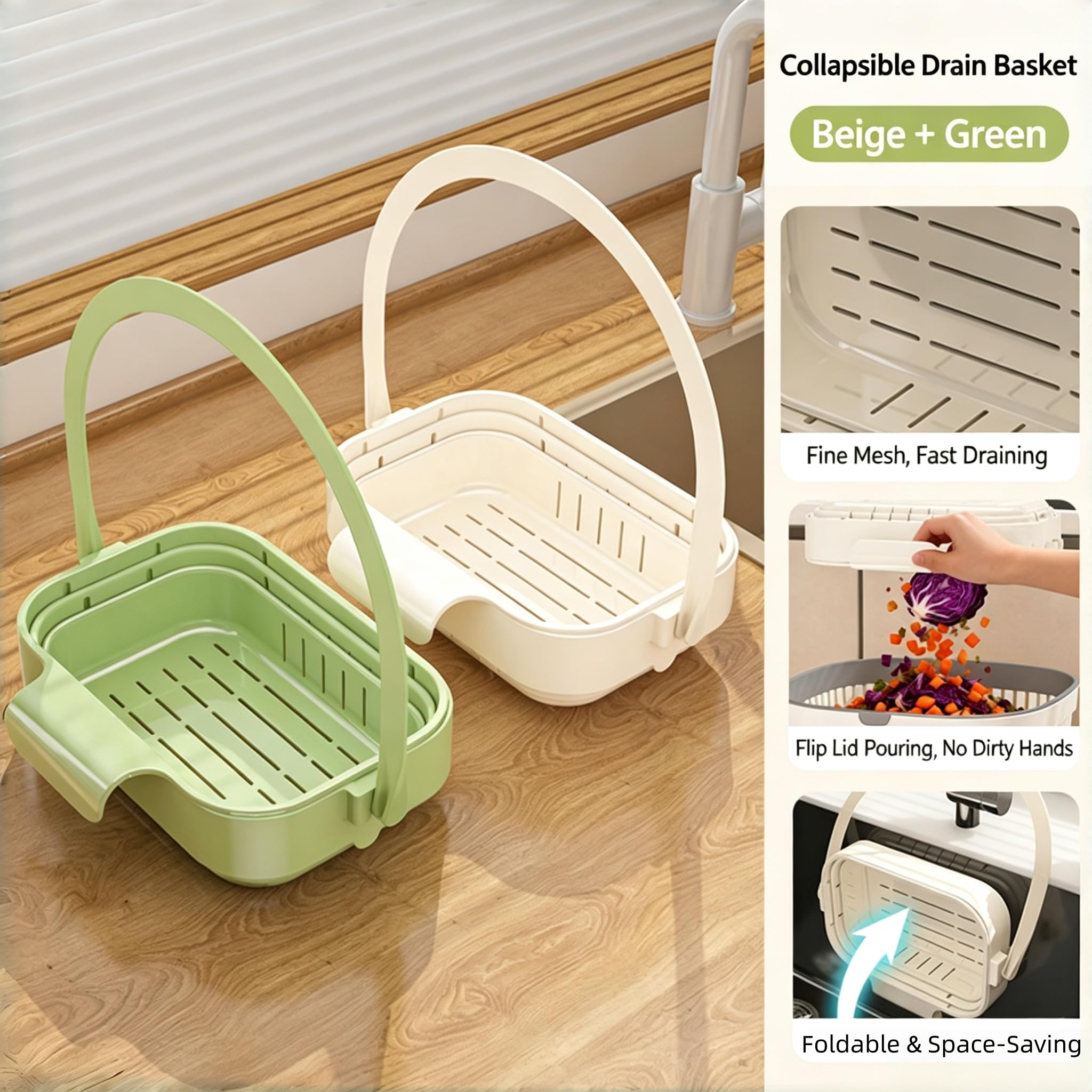 Cesta de drenaje plegable para fregadero, colador de cocina elástico con tapa abatible, colador multifuncional para frutas y verduras, filtro de residuos extraíble mejorado que ahorra espacio (blanco