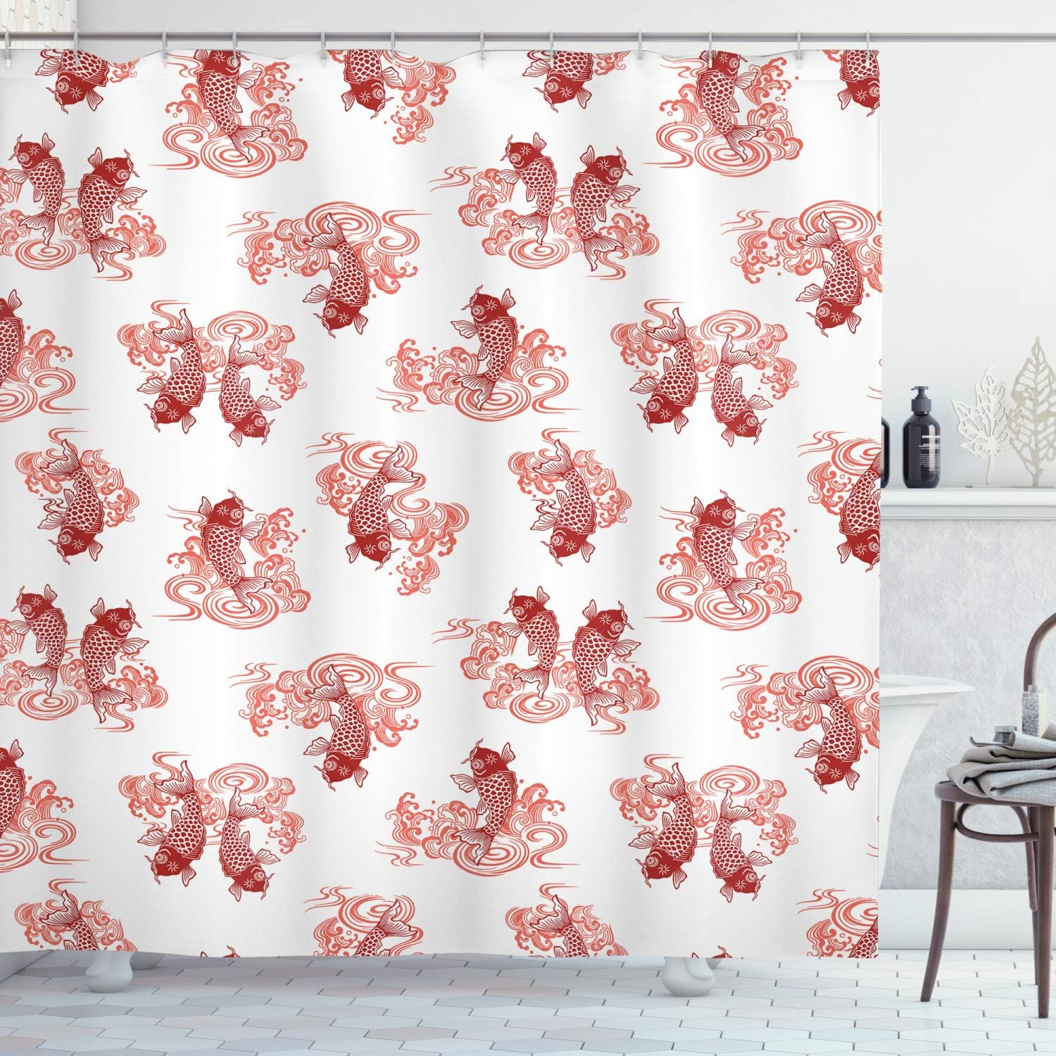 Ambesonne Japanese Shower Curtain, Underwater Character Koi Fish in Lake Pattern Style Art Picture Print, Cloth Fabric Bathroom Decor Set with Hooks, 69" W x 84" L, Orange White