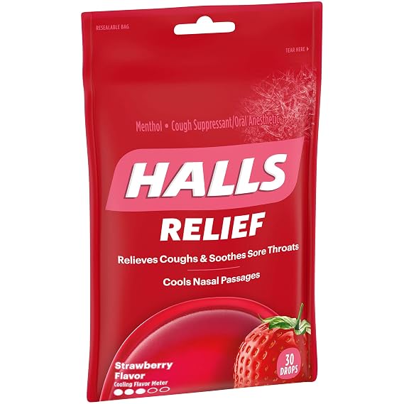 Halls Strawberry Flavor Menthol Drops, 30 Count