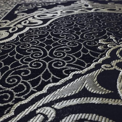 Miniatura 8 de Modefa Alfombra de oración islámica fina tejida de felpilla y tafetán turca Sajada diseño intrincado metálico (negro + azul)