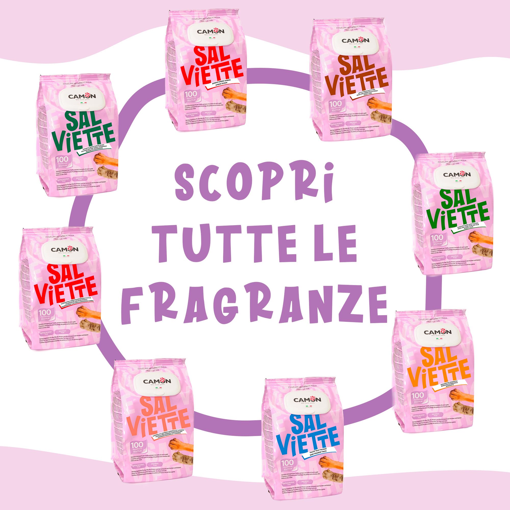 CAMON | Salviette Detergenti per Cani e Gatti, 30x17 cm, Confezione da 100 Pezzi, Fragranza Latte e Miele, Senza Alcool etilico né Parabeni, Made in Italy, Il Pacchetto può variare