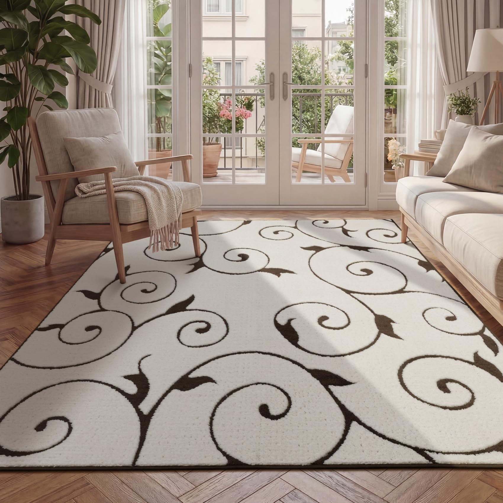 Photo 1 of chakme 5×7 Beige Medium Pile Area Rugs for Living Room,Neutral Boho Non-Slip Plush Carpet,Washable Non-Shedding Swirl Large Soft Shag Rug for Bedroom Dining Room Office Nursery