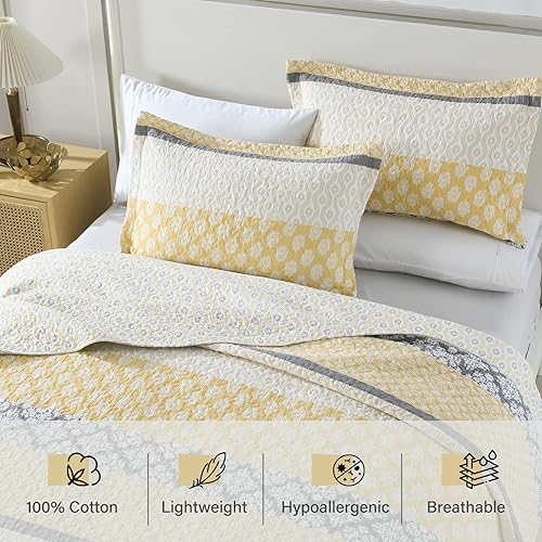 Miniatura 4 de Juego de edredón tamaño Queen 100 algodón ligero a rayas amarillo gris y blanco para cama Queen colcha reversible floral de granja para todas las
