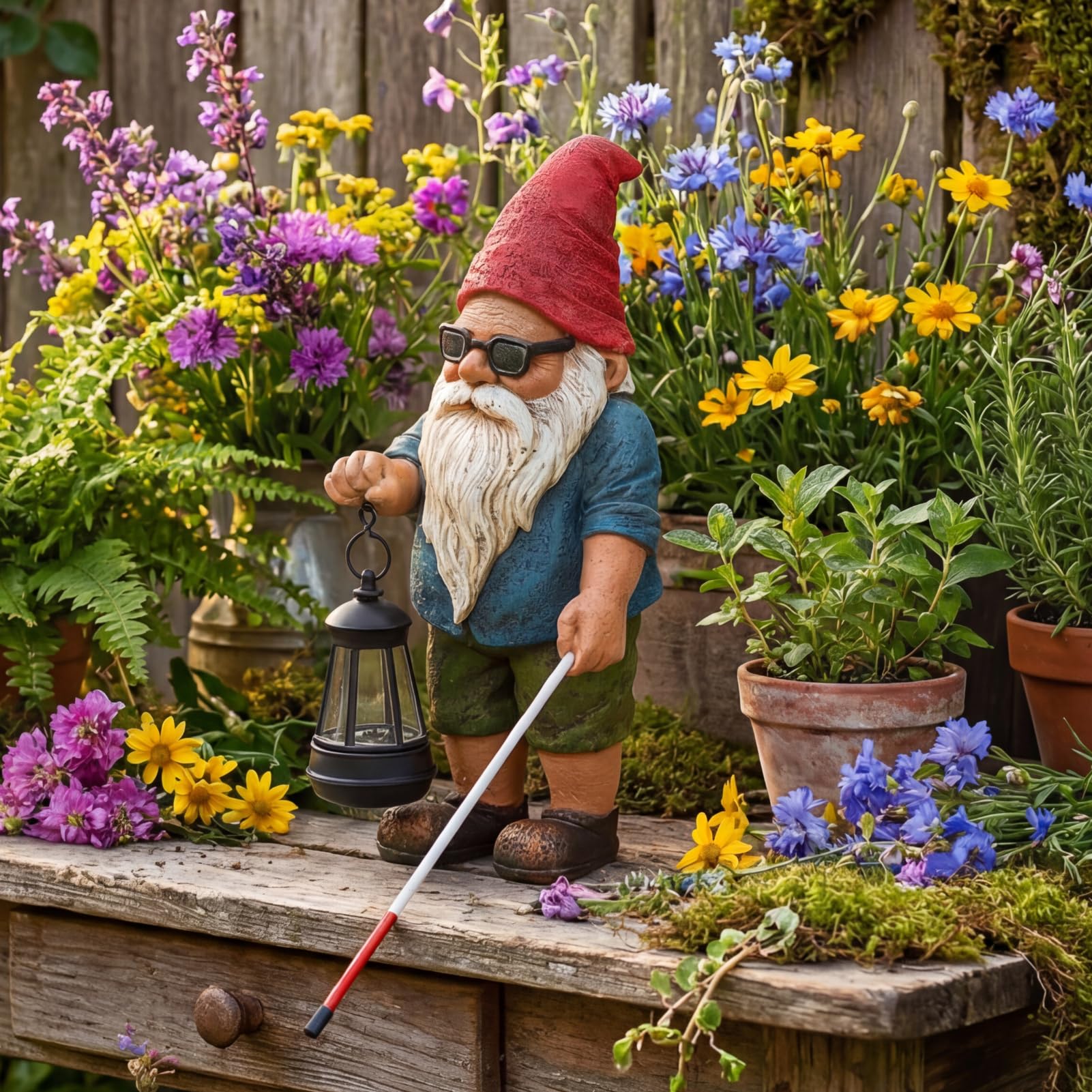 Solar Garden Gnome Outdoor Statue, 10.2 inches Blind Man Gnome with Lantern view 7