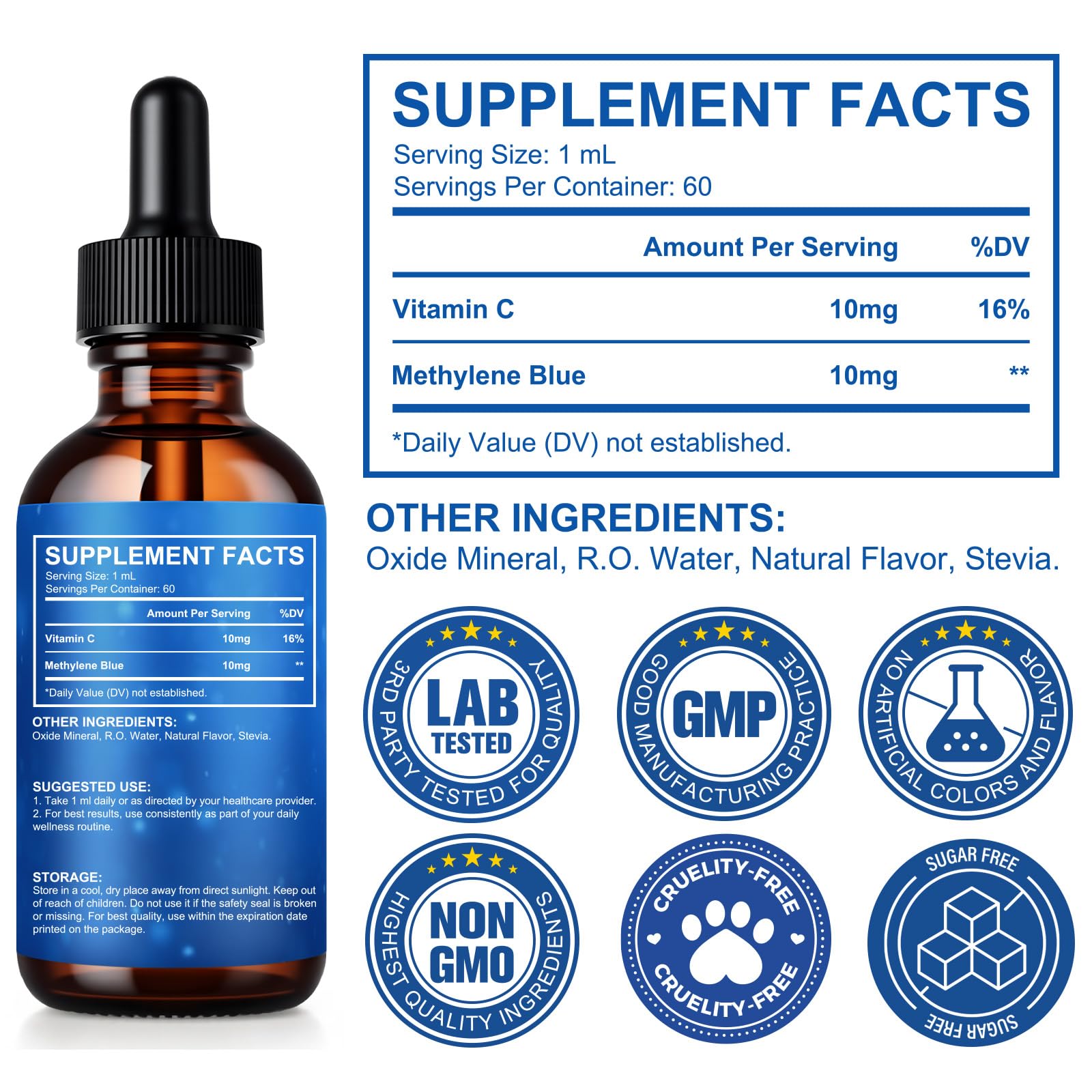 Methylene Blue 1% 60ml con Vitamina C & Stevia, Purezza Ultra Elevata, Testato in Laboratorio