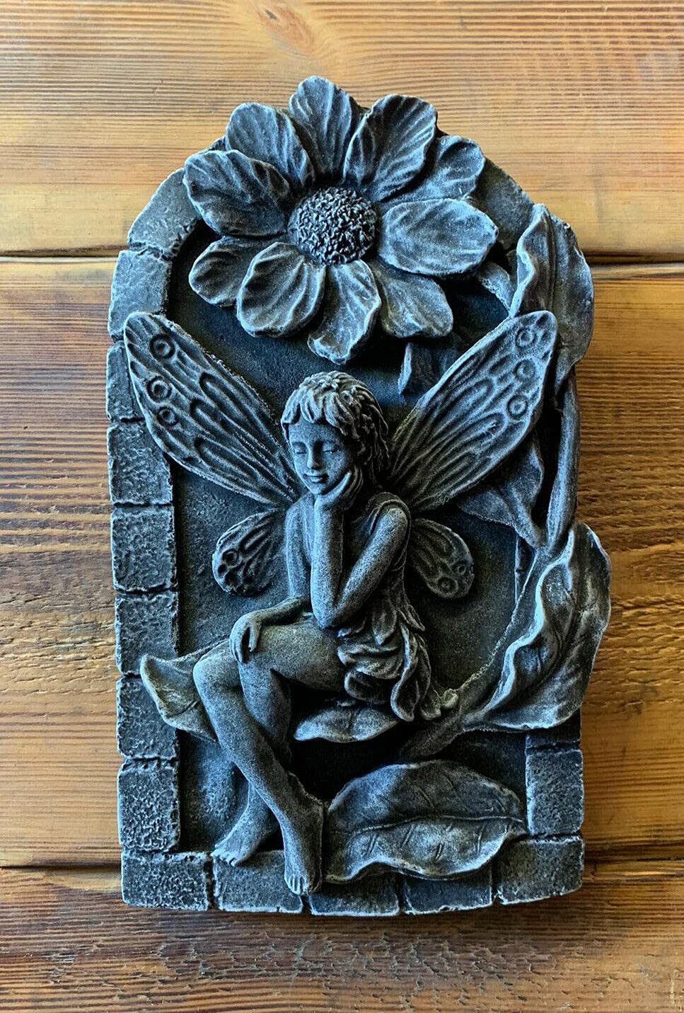 STONE GARDEN DETAILED LILY FAIRY ANGEL WALL HANGING PLAQUE ORNAMENT