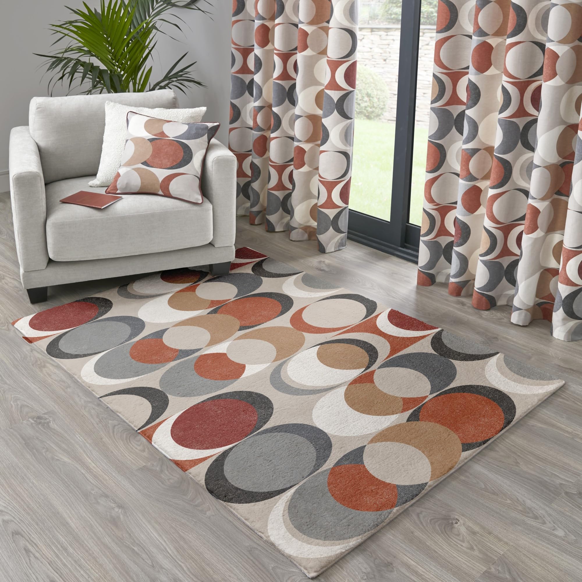 Fusion Strata Spice Orange Retro Eyelet Curtains, W46 x L72 (117 x 183cm), 2 Panels, 100% Cotton, Geometric Circle Drapes - Image 4