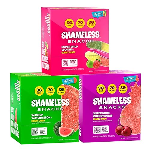 Shameless Snacks - Gomitas keto bajas en carbohidratos sin gluten - Gusanos salvajes, sandía, bomba de cereza