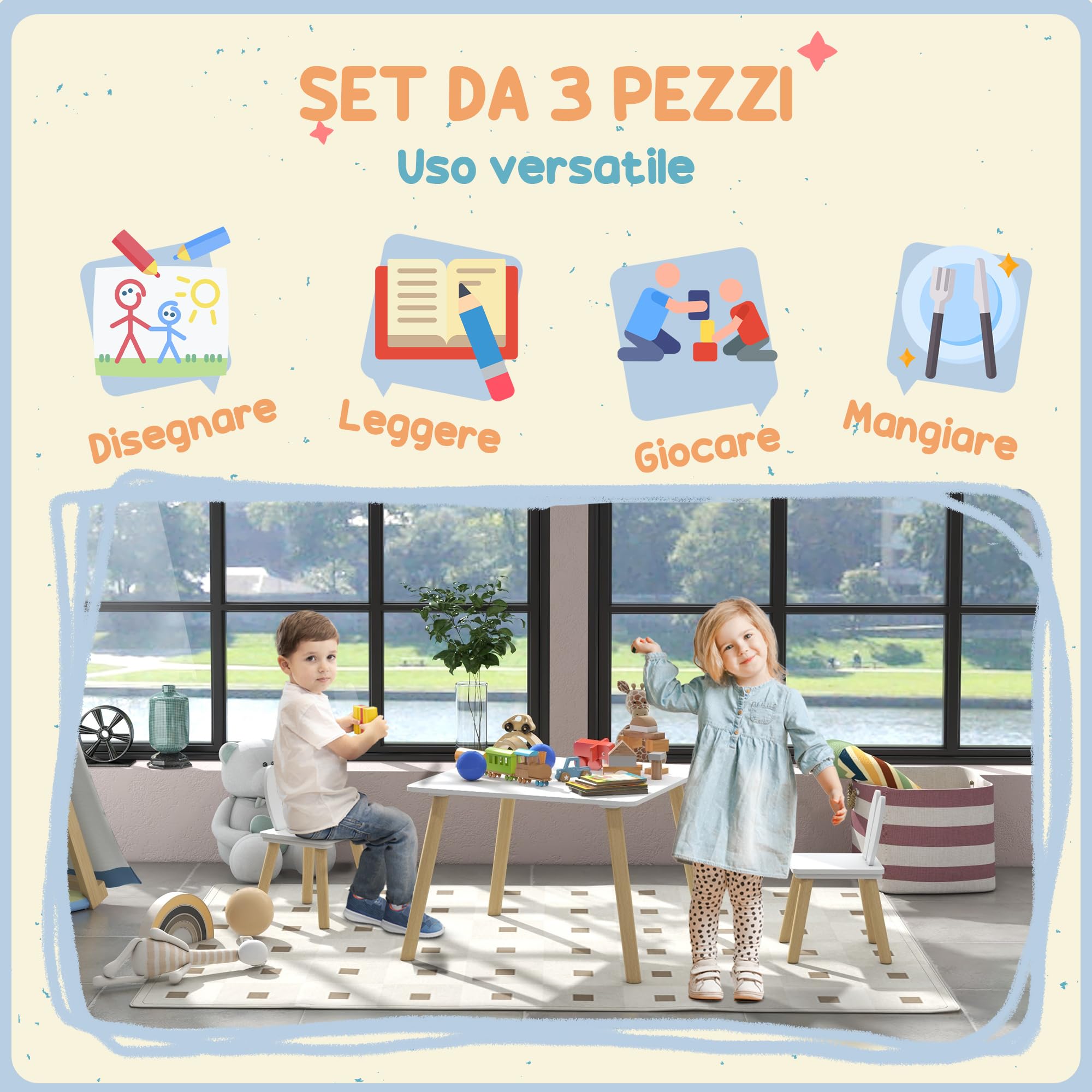 AIYAPLAY Ensemble Table et 2 chaises Enfant Table pour Enfant avec 2 chaises Design scandinave Motif Oreille de Lapin Bois pin Blanc