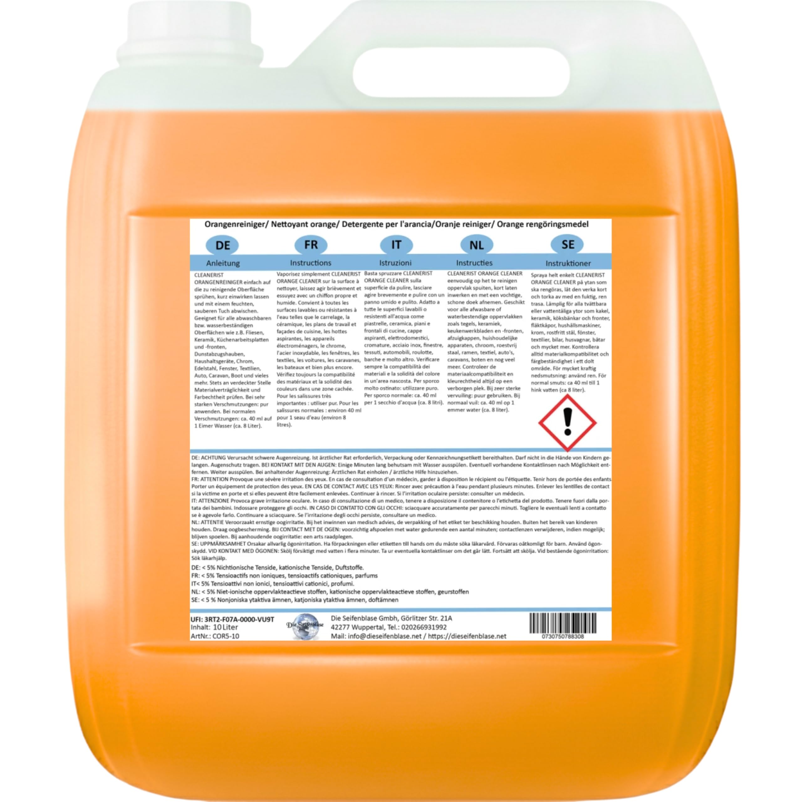Die Seifenblase® 6L Orangenreiniger Konzentrat [1:100] - ergibt 600L Universalreiniger mit Orangenduft - Allzweckreiniger ähnl. zu Orangenöl für Oberflächen, Küche, Bäder, Boden, Glas & Fenster