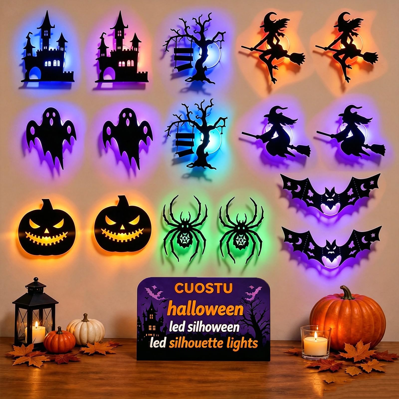 12PCS Halloween LED Silhouette Wall Light Stickers, Cutout 3D PET