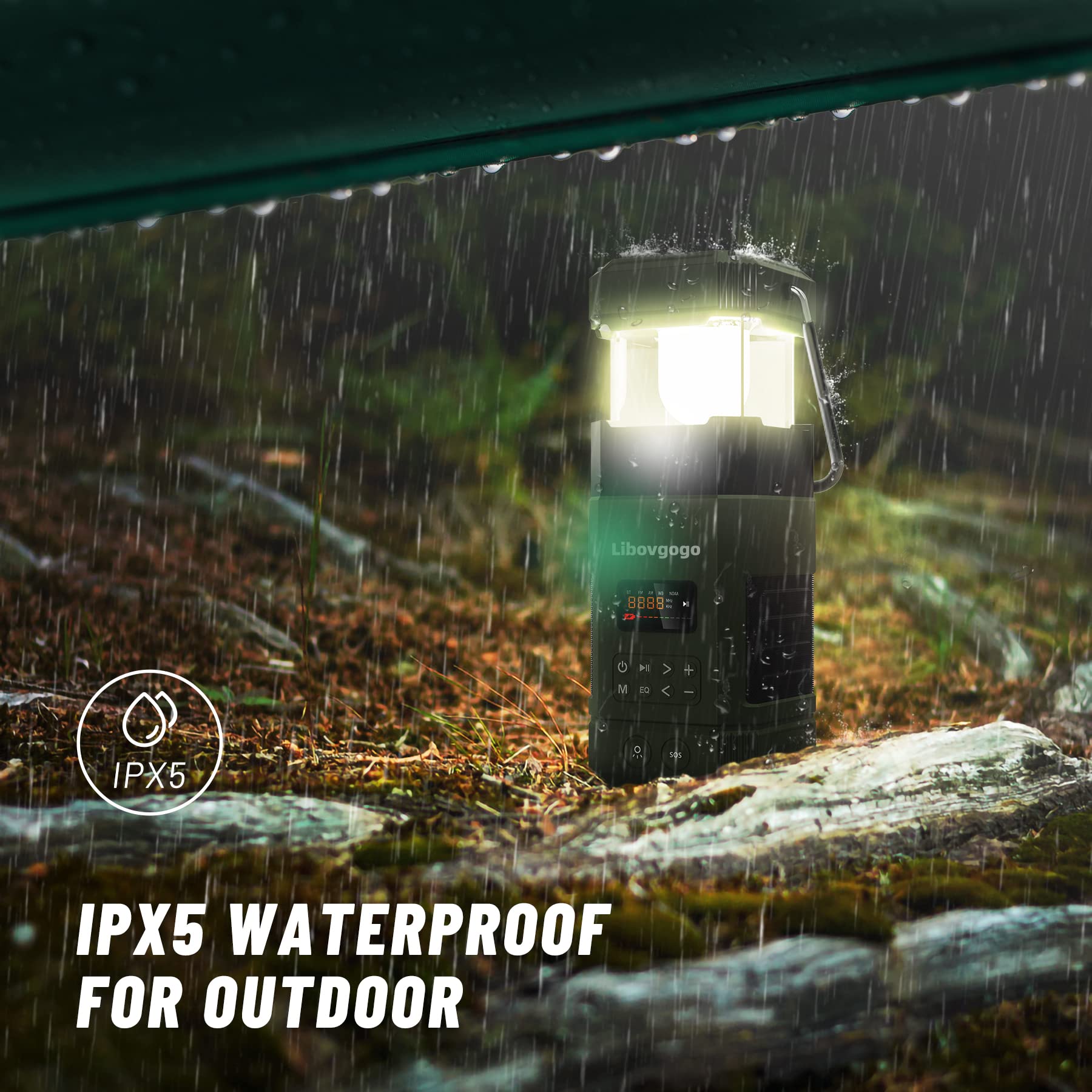 Wiederaufladbare LED Campinglampe, 3 Lichtmodi, IP65 wasserdichter Bluetooth Lautsprecher, 5000mah AM UKW Kurbelradio mit Handyladefunktion Solar, Taschenlampe, Stroboskoplicht, SOS Alarm