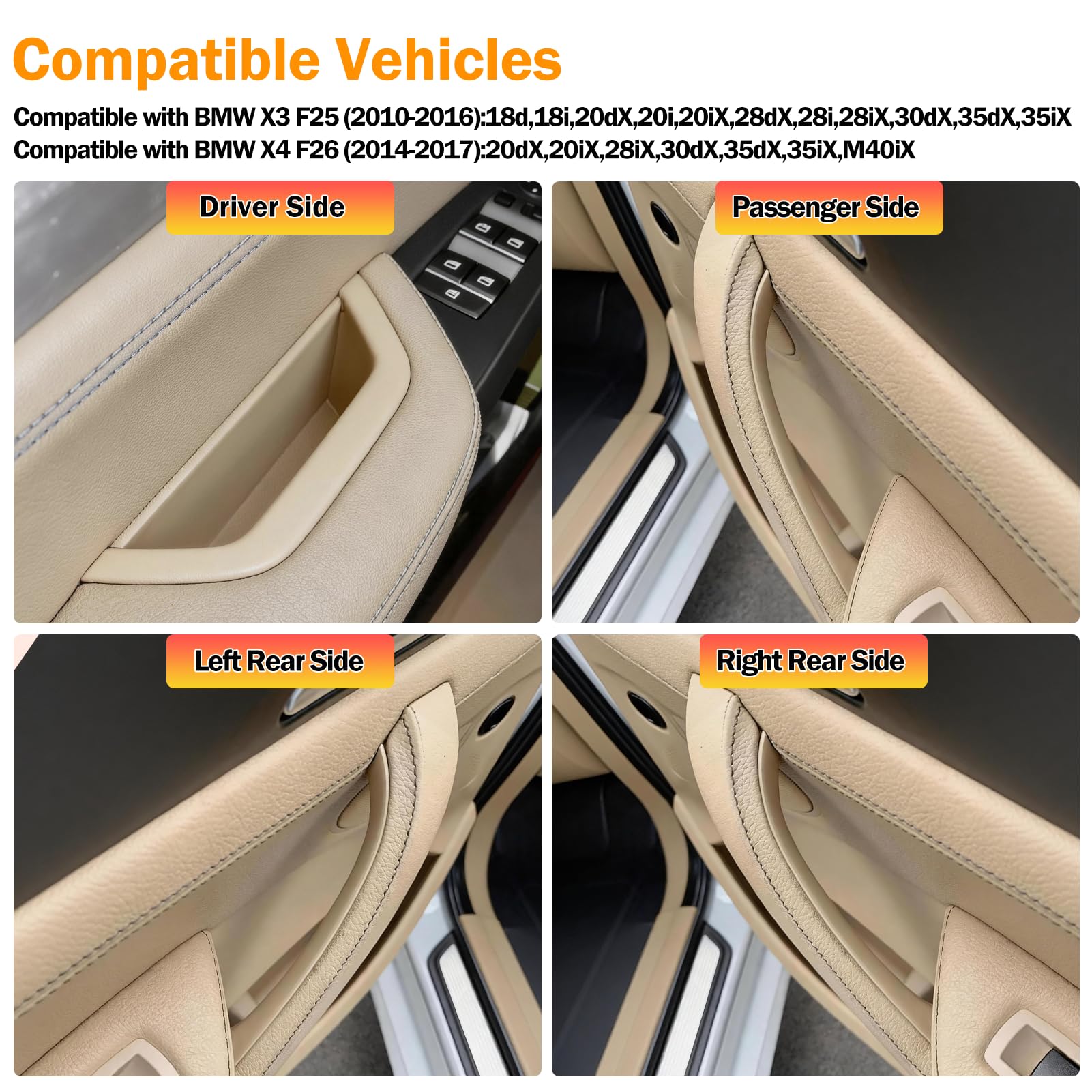 TTCR-II 4PCS Compatible con Manija Puerta BMW X3 F25 2010-2016, X4 F26 2014-2017, X3 F25 Tirador Puerta Interior Delantera Izquierda/Derecha + X4 F26 Manija Puertas Trasera Izquierda/Derecha-Beige