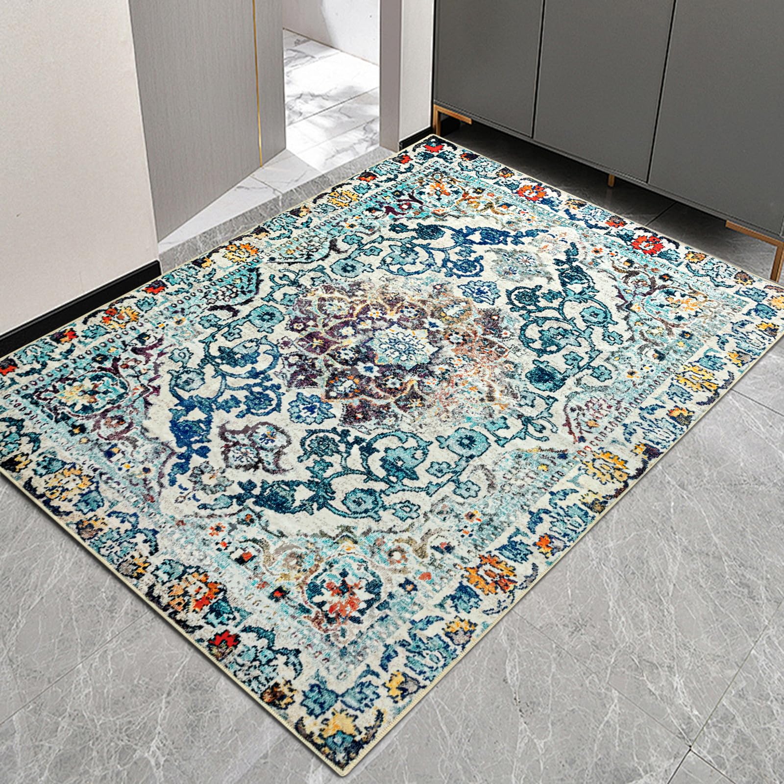 Easy-Going Boho Area Rug 3x5 Entryway Rug Washable Inside Door Mats for Home Entrance Non-Slip Medallion Distressed Small Rugs for Entry Living Room