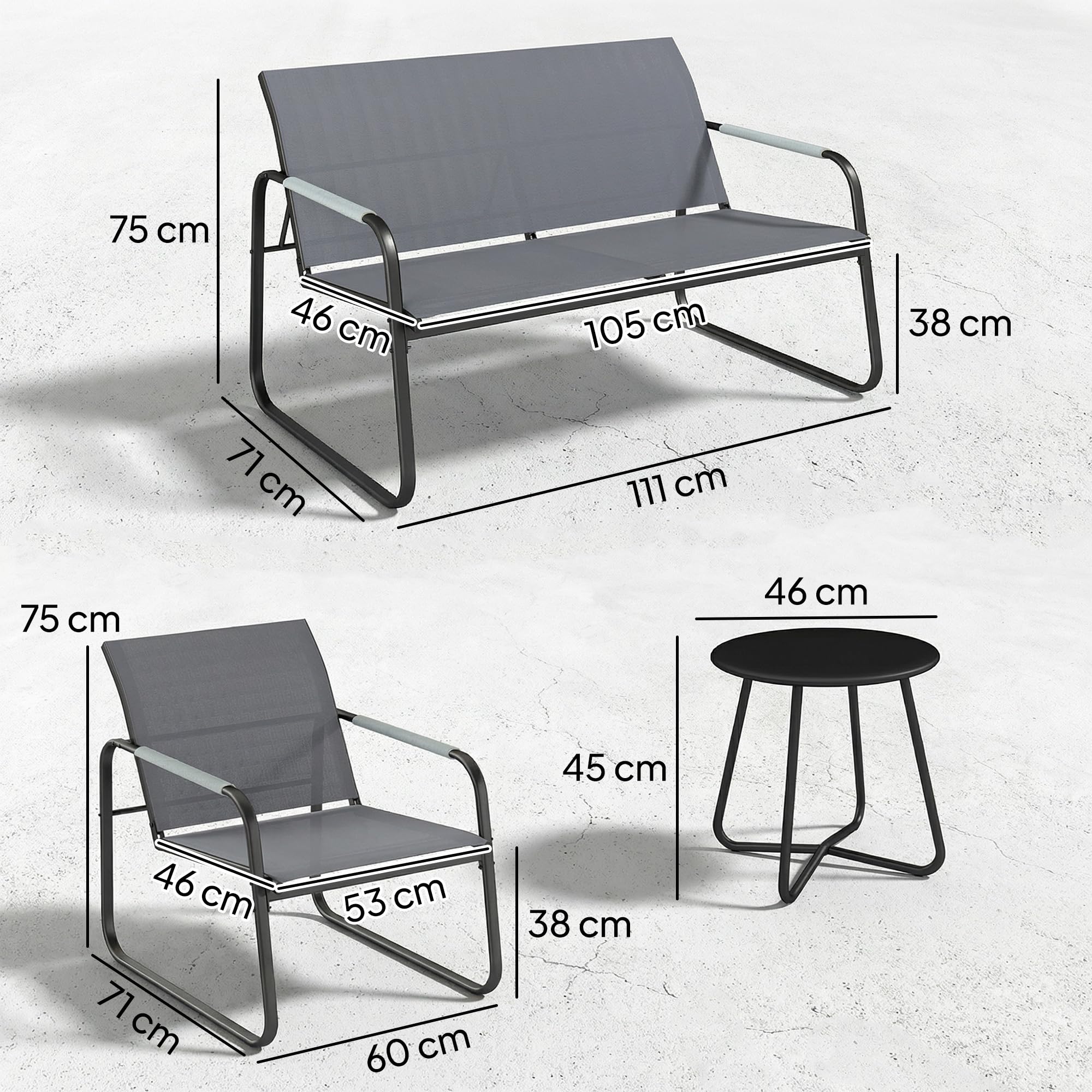 Outsunny Gartenmöbel Set Sitzgruppe für 4 Personen Atmungsaktiv Grau | 2er Sofa, 2 Sessel, Seilflecht, Rund Tisch, Fußpads, Wetterfest, Outdoor Balkonmöbel, Terrassenmöbel, für Garten Balkon