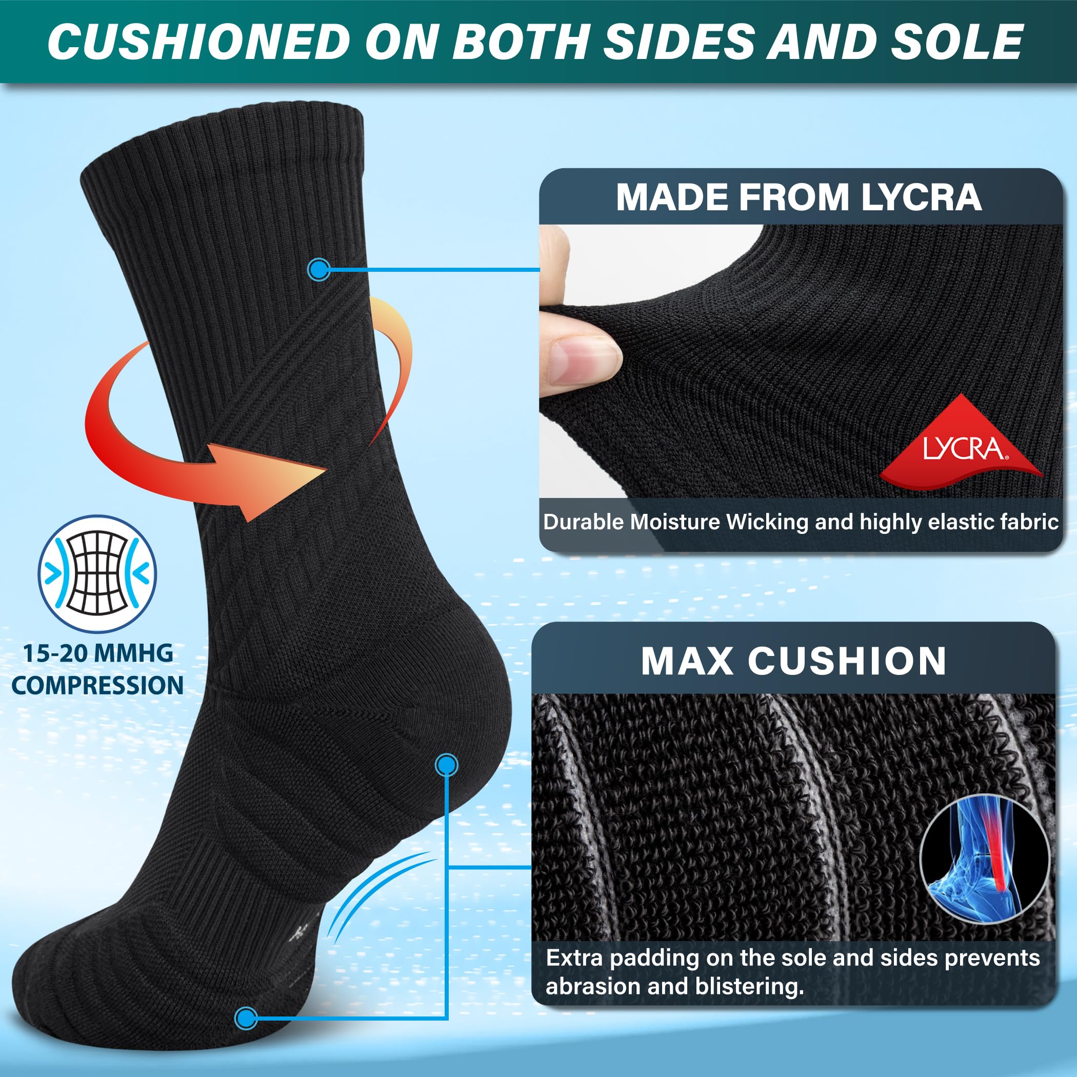 Hylaea Compression Running Socks for Men, Coolmax Anti-Blister Cushion Crew Socks for Athletic Basketball Tennis, Moisture Wicking & Seamless, Elite Black X-Large