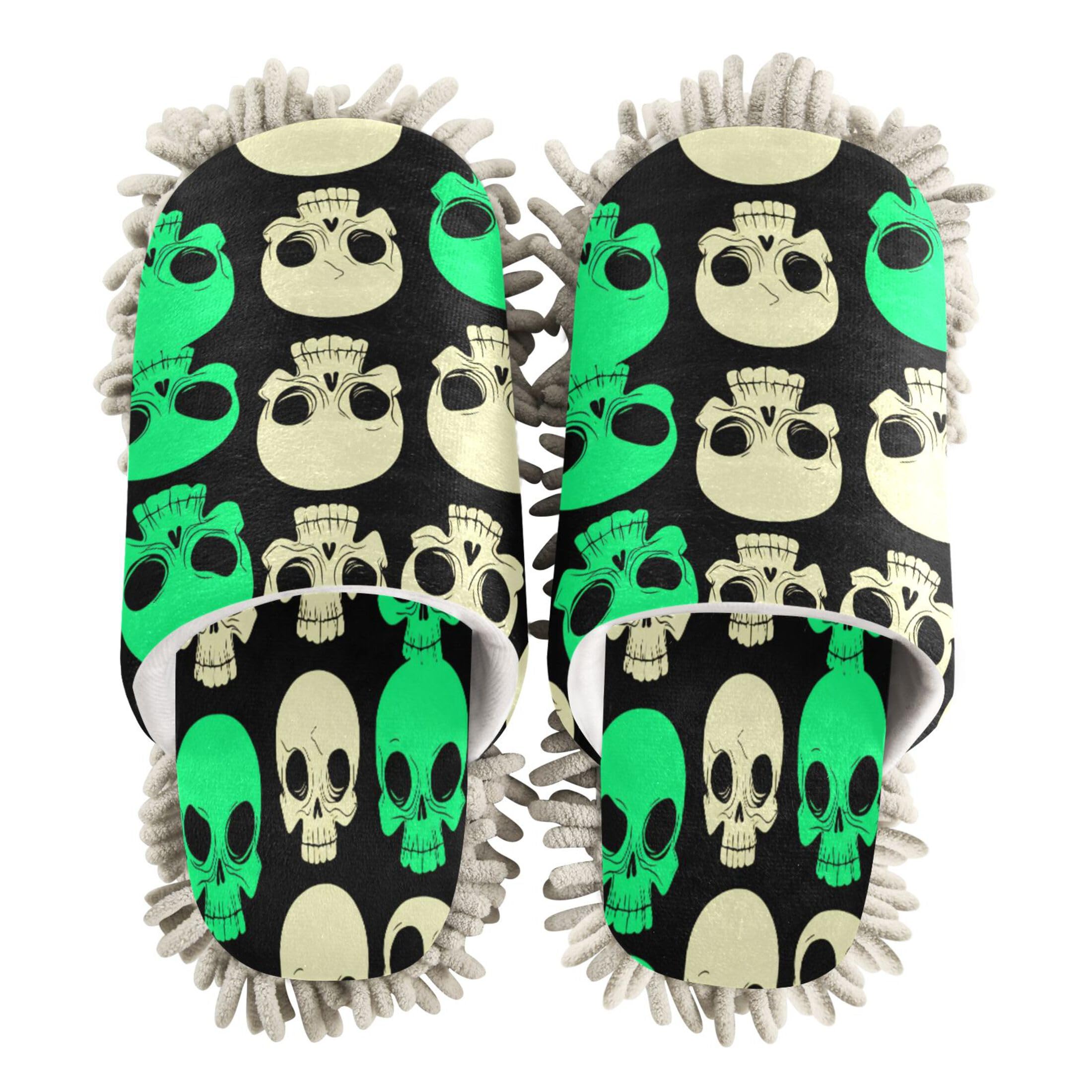 Kigai Cartoonish Skulls Mop Slippers for Floor Cleaning, Slippers for Women Men, Microfiber Floor Cleaning, M