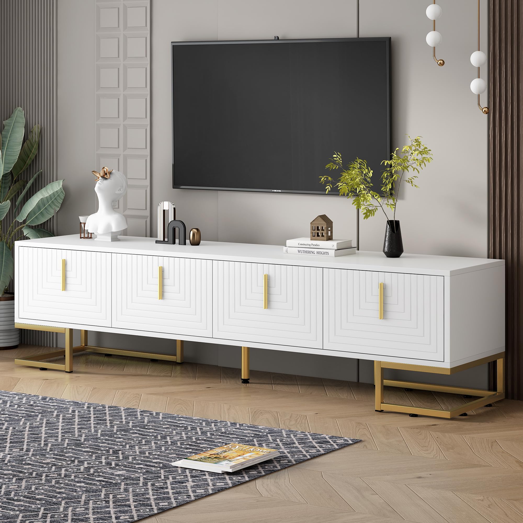 Merax Modern TV Stand with Metal Legs, Gold Handles, Geometric Lines and Adjustable Shelves for TVs Up to 80'', Media Console Table, Luxury Storage Cabinets for Living Room, White