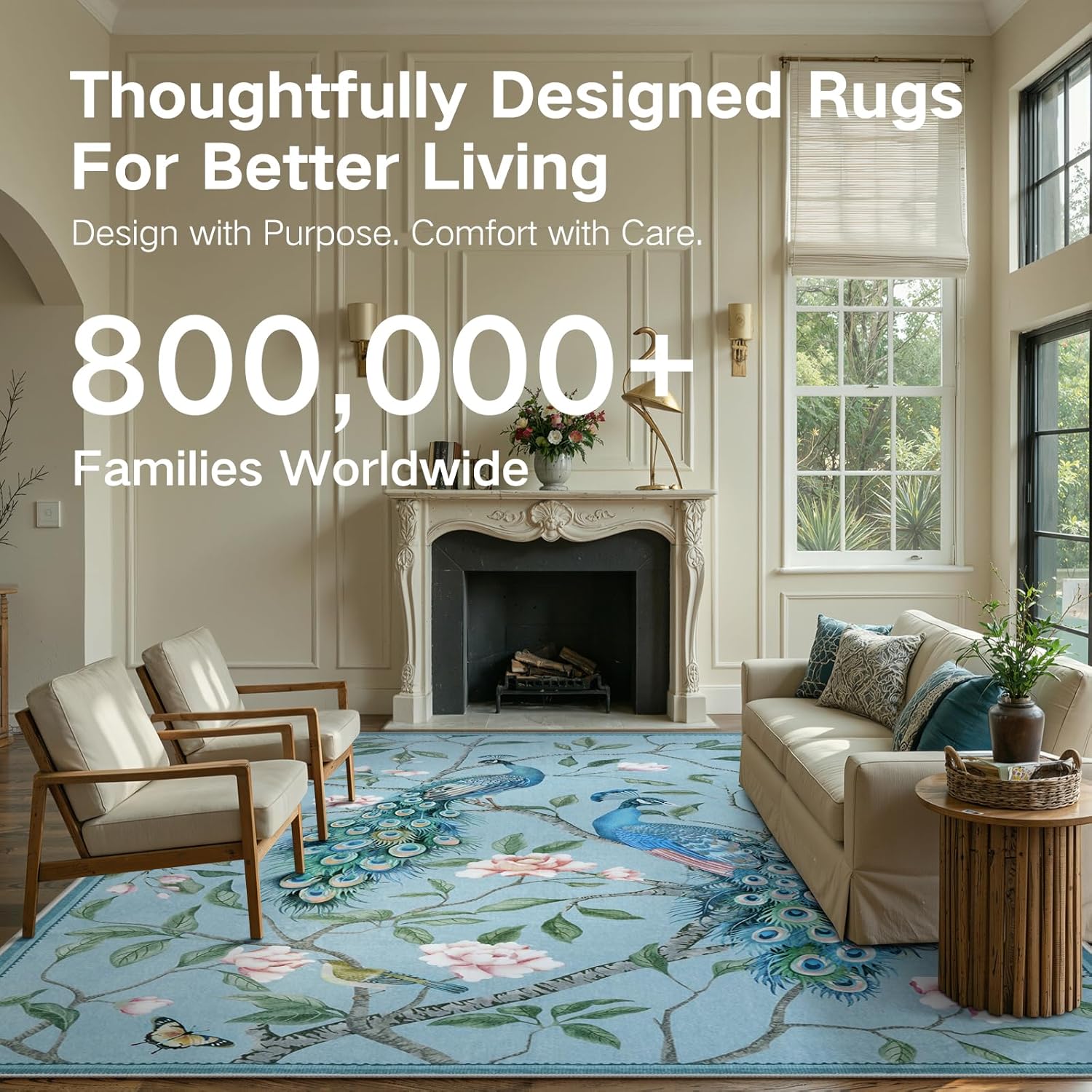 Anidaroel Blue Peacock Living Room Rugs 5x7, Washable Animal Print Colorful Feather Bird Carpet, Whimsical Soft Rugs for Bedroom Eclectic Floral Botanical Rug for Study Office