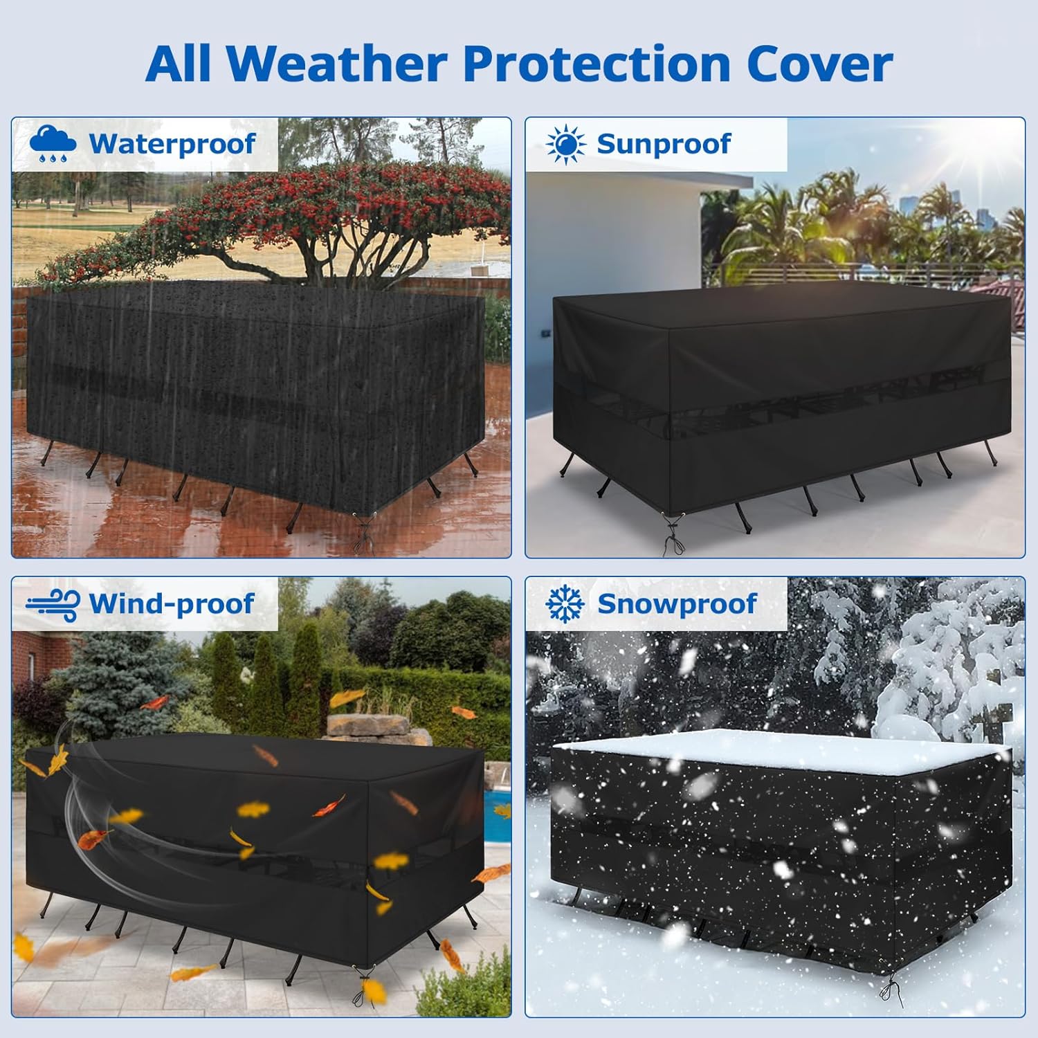 SunPatio Patio Furniture Covers Waterproof, Rectangular Table and Chairs Set Cover, Outdoor Furniture Set Cover with Drawstrings and Taped Seams, All Weather Protection, 76"W x 50"D x 30"H, Black