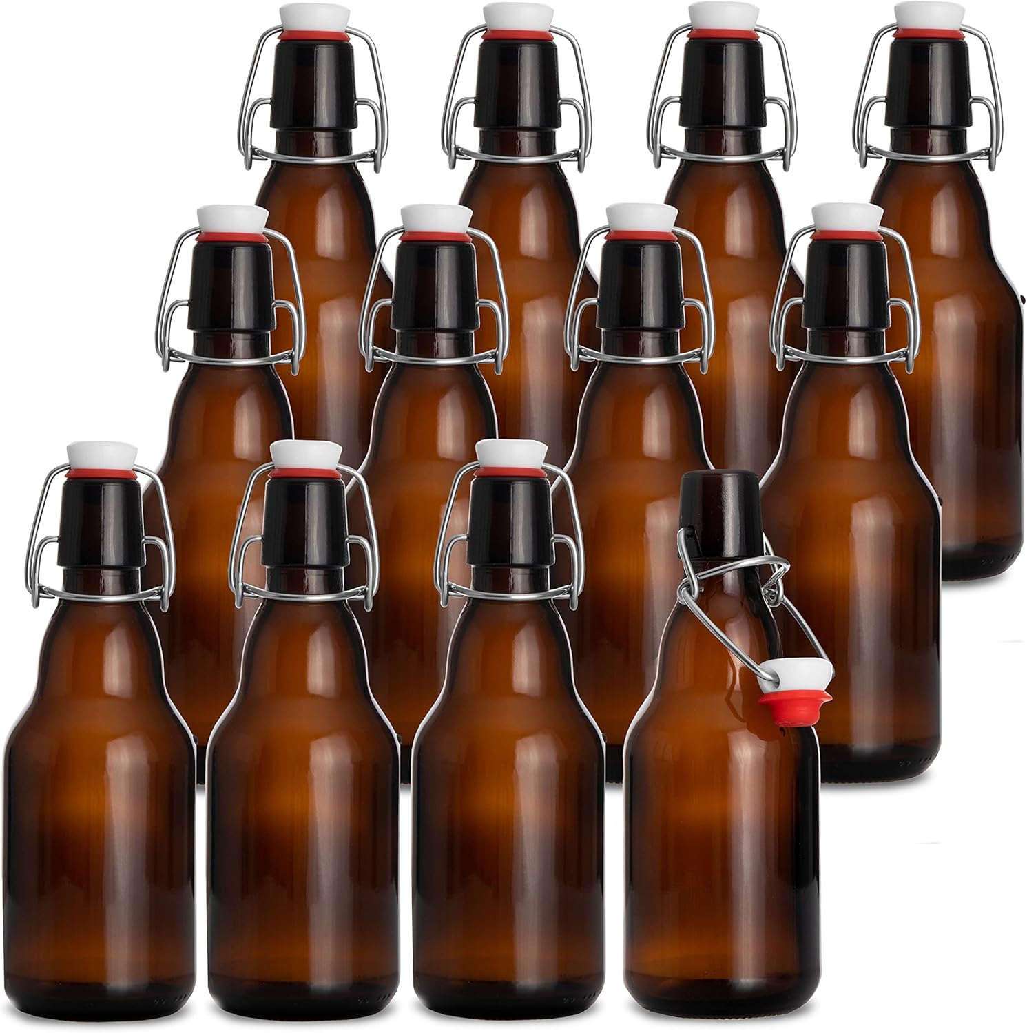Ilyapa 12 Ounce Amber Old Fashioned Flip Top Glass Beer Bottles for Home Brewing - Set of 12 Swing Top Glass Bottles for Carbonated Drinks, Kombucha