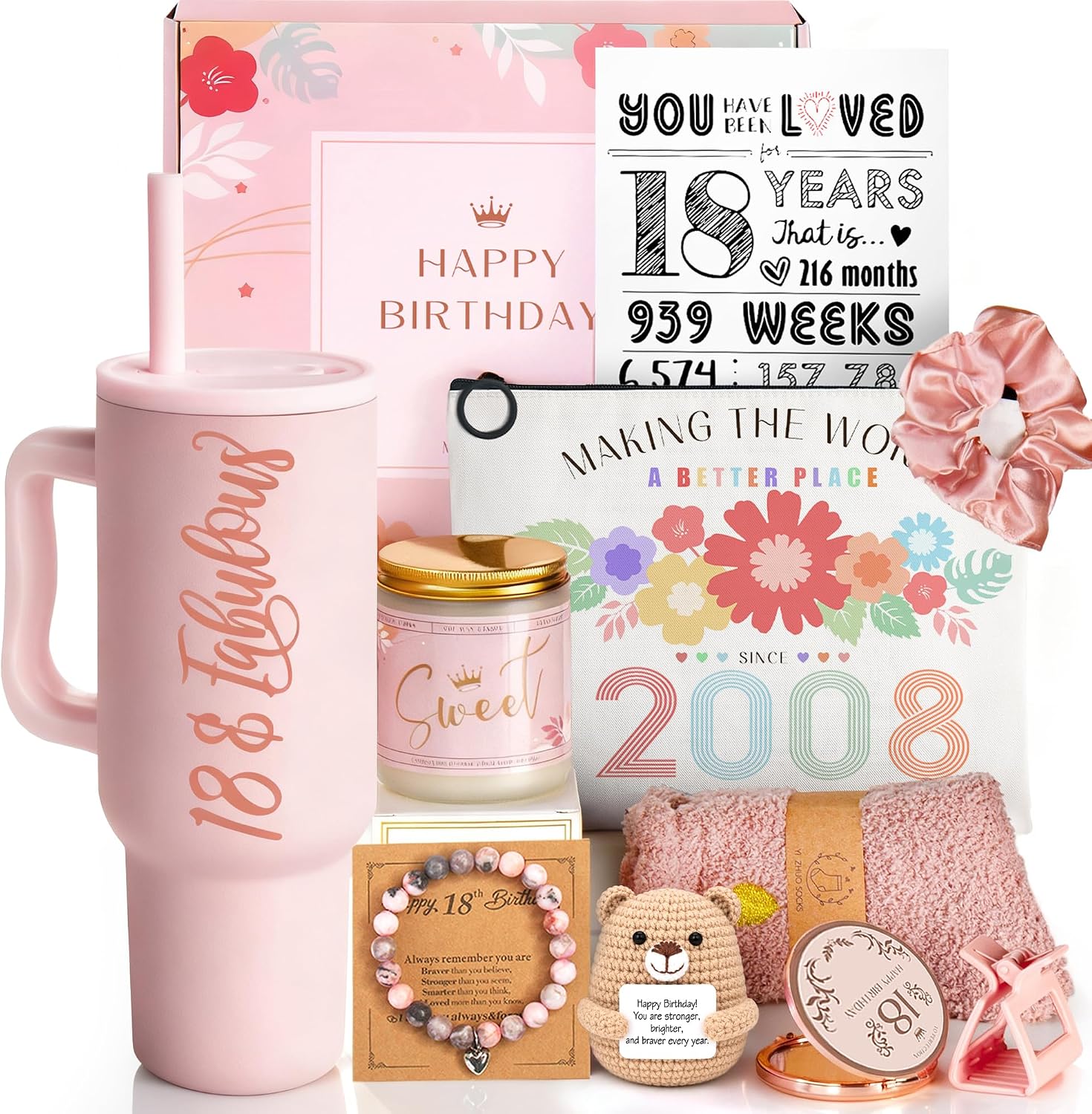 18th Birthday Gifts for Girls - 18 Year Old Girl Birthday Gifts - Happy 18th Birthday Decorations Pink - 11 Pieces Unique 18 Birthday Party Gift Ideas for Daughter, Niece, Granddaughter