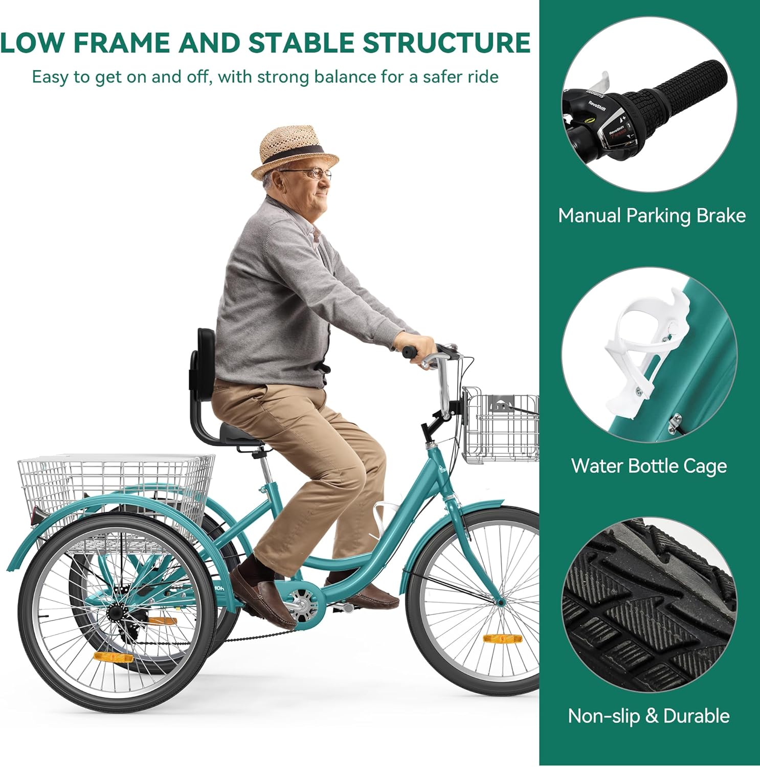 YITAHOME 24 & 26 Inch Adult Tricycle, 1 & 7 Speed 3 Wheel Bikes, Large Seat with Backrest Trike for Adults with Front & Rear Baskets, Cruiser Bike for Seniors Women Men Commute Picnic Outdoor