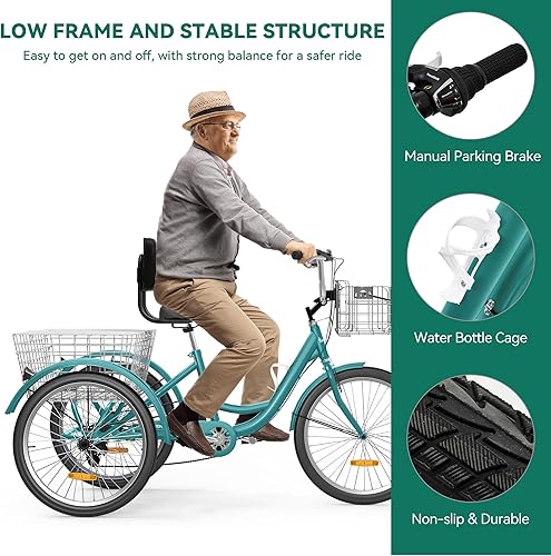 Miniatura 26 de YITAHOME Triciclo para adultos, bicicletas de 3 ruedas de 24 y 26 pulgadas, bicicleta de triciclo de 1 velocidad para adultos con cestas extraíbles