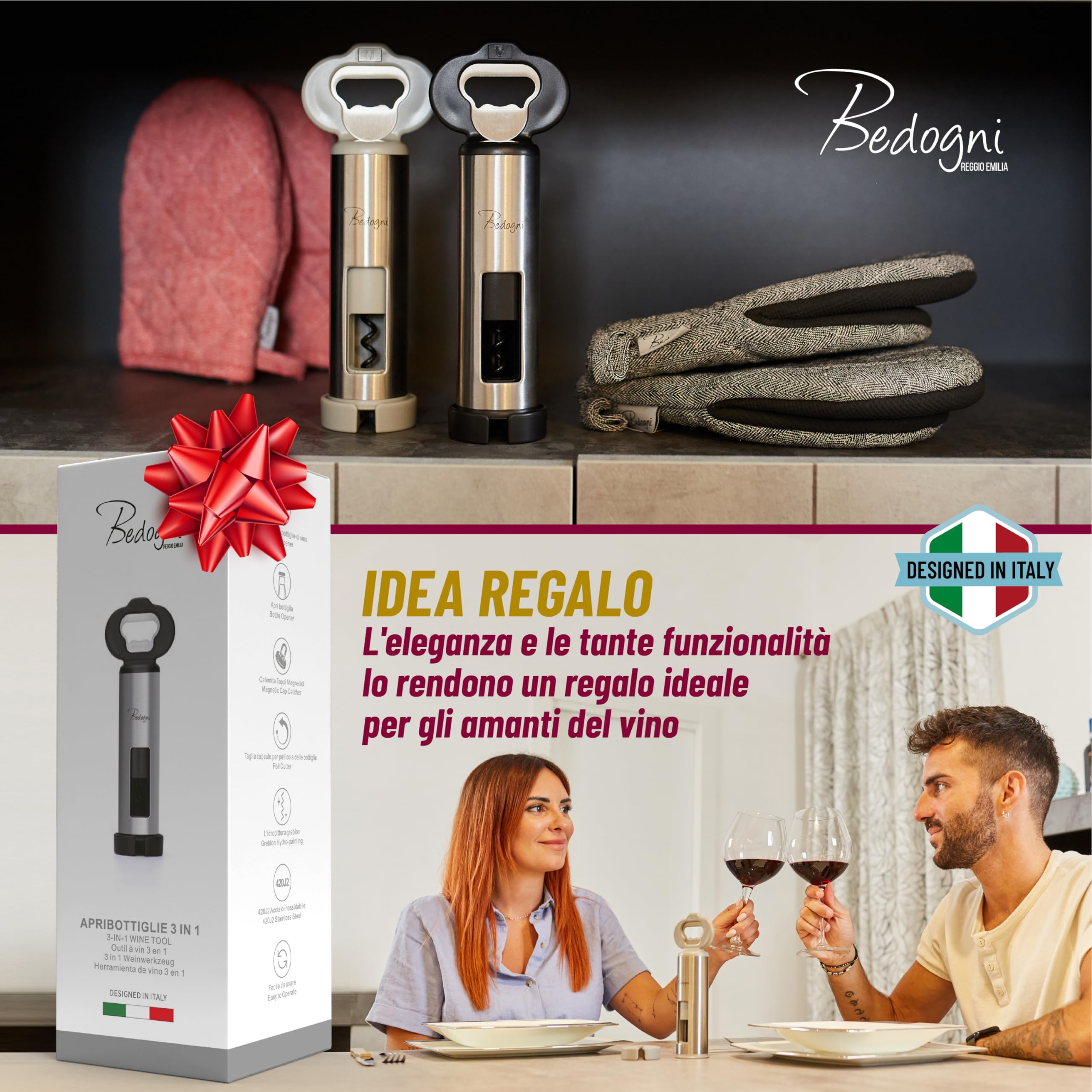 Cavatappi Apribottiglie Vino e Birra con Stappa Bottiglie Magnetico e Taglia Capsule - Regalo donna - Regalo Uomo