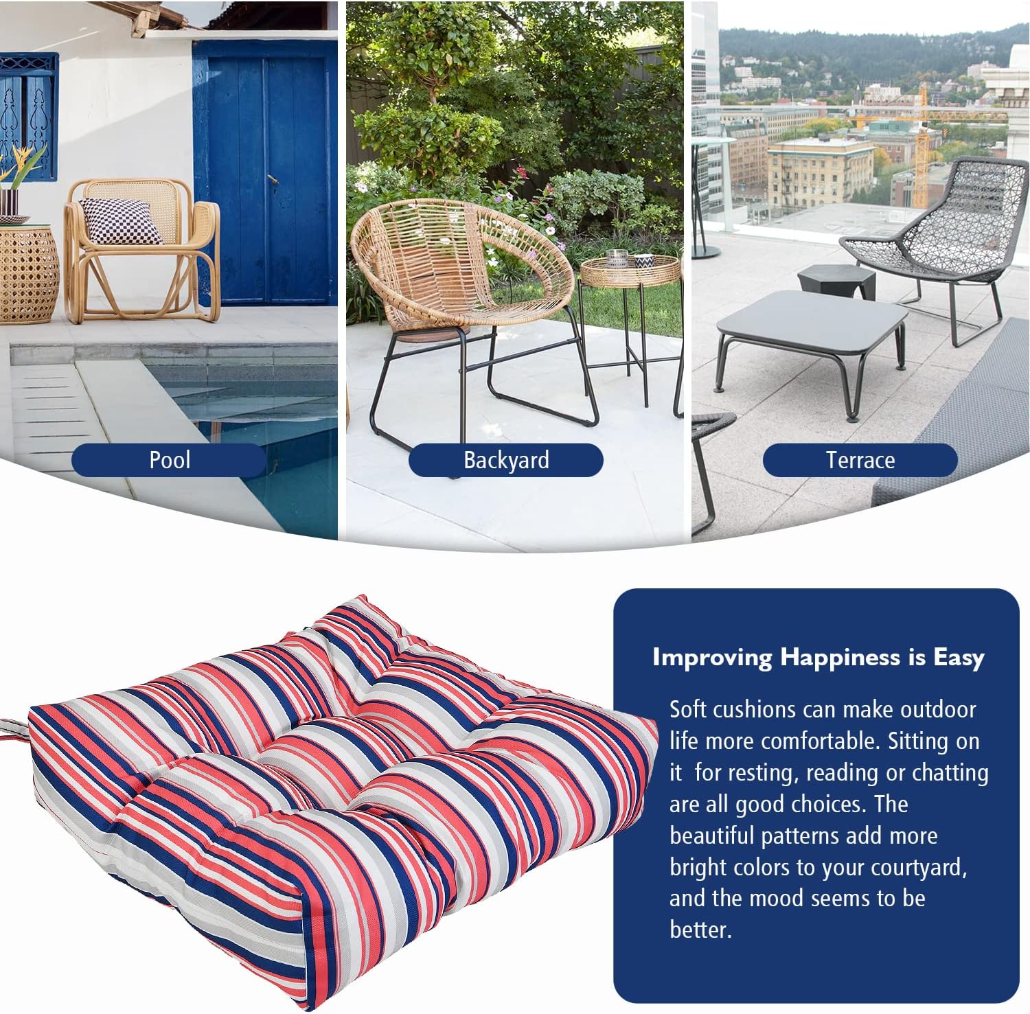 AAAAAcessories Outdoor Wicker Seat Chair Cushion Set of 2, 19 x 19 x 5 Inch, Red Stripes