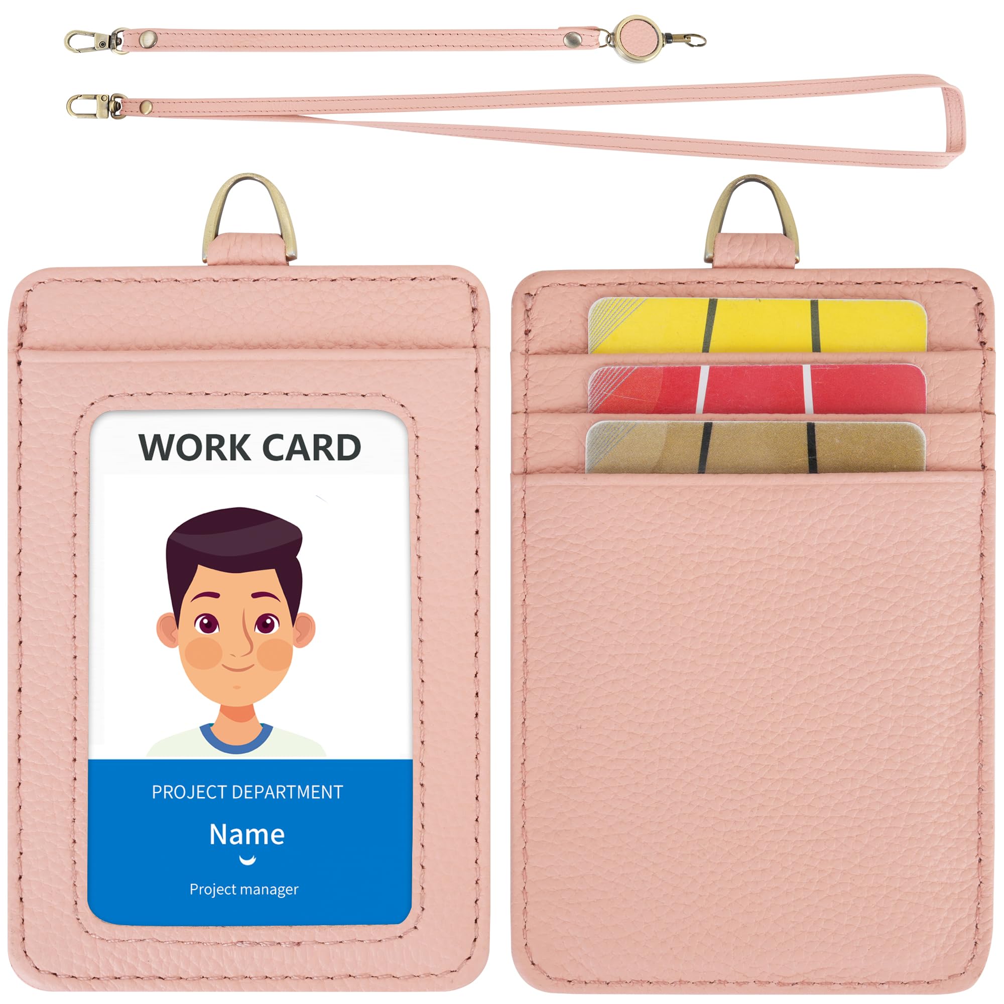 Wason ID Badge Holder with Genuine Leather Case, Detachable Neck Lanyard, Hand Strap, Retractable Badge Reel