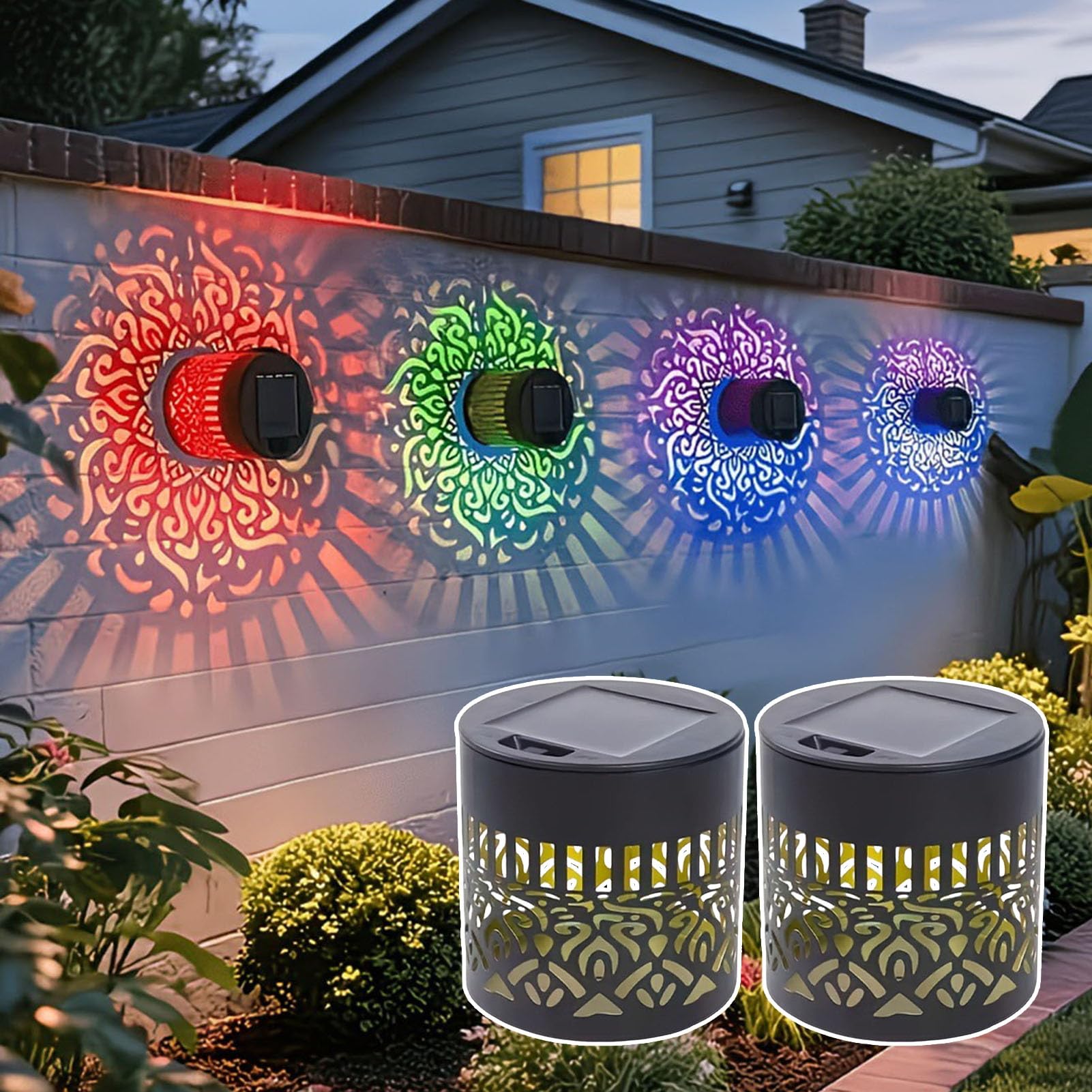 RetroNest Solar Mandala Wall Lights, Seven Color Changing Outdoor Decorative Projection Lamp, Waterproof Metal Fence Light for Yard Garden Patio Backyard Post Decor