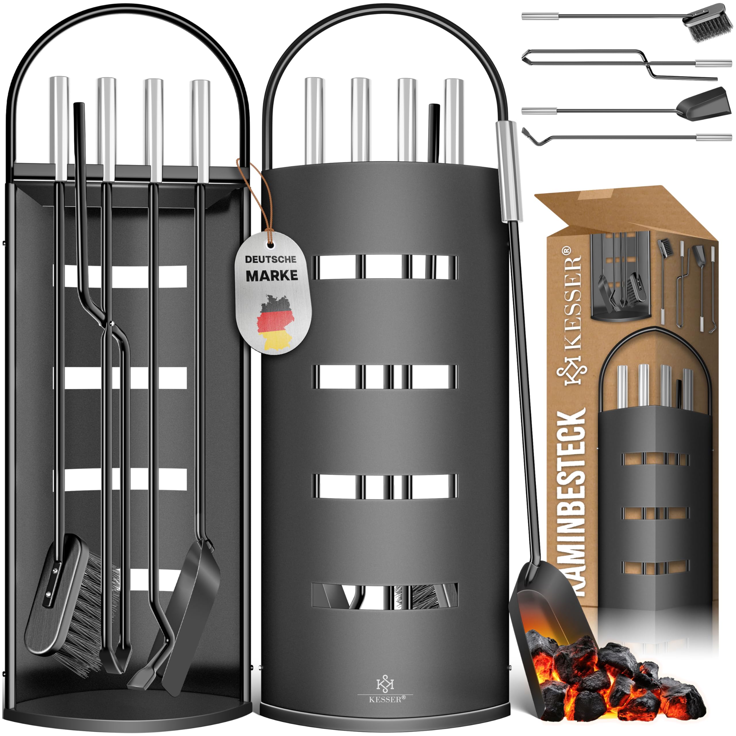 KESSER® Accessori per camino Kit caminetto da 5 pezzi - design moderno, rivestito, Set per caminetto 5 pezzi: scopino, paletta, attizzatoio, pinza, supporto porta-attrezzi, Nero