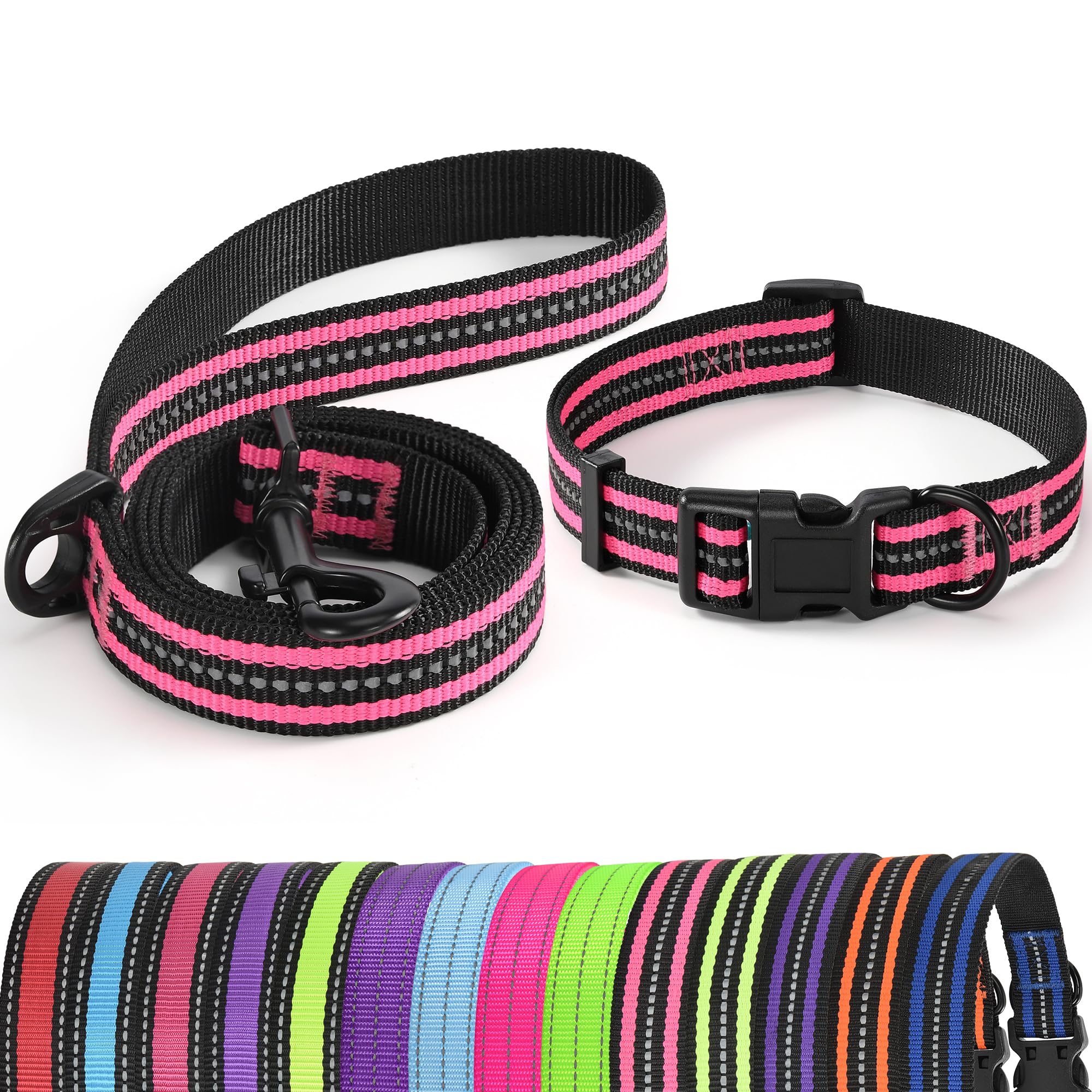 Mile High Life | Reflective Small Medium Dog Collar Leash Set, Adjustable Collar Leash Set (Reflective Stripe Pink, Large (Pack of 2))
