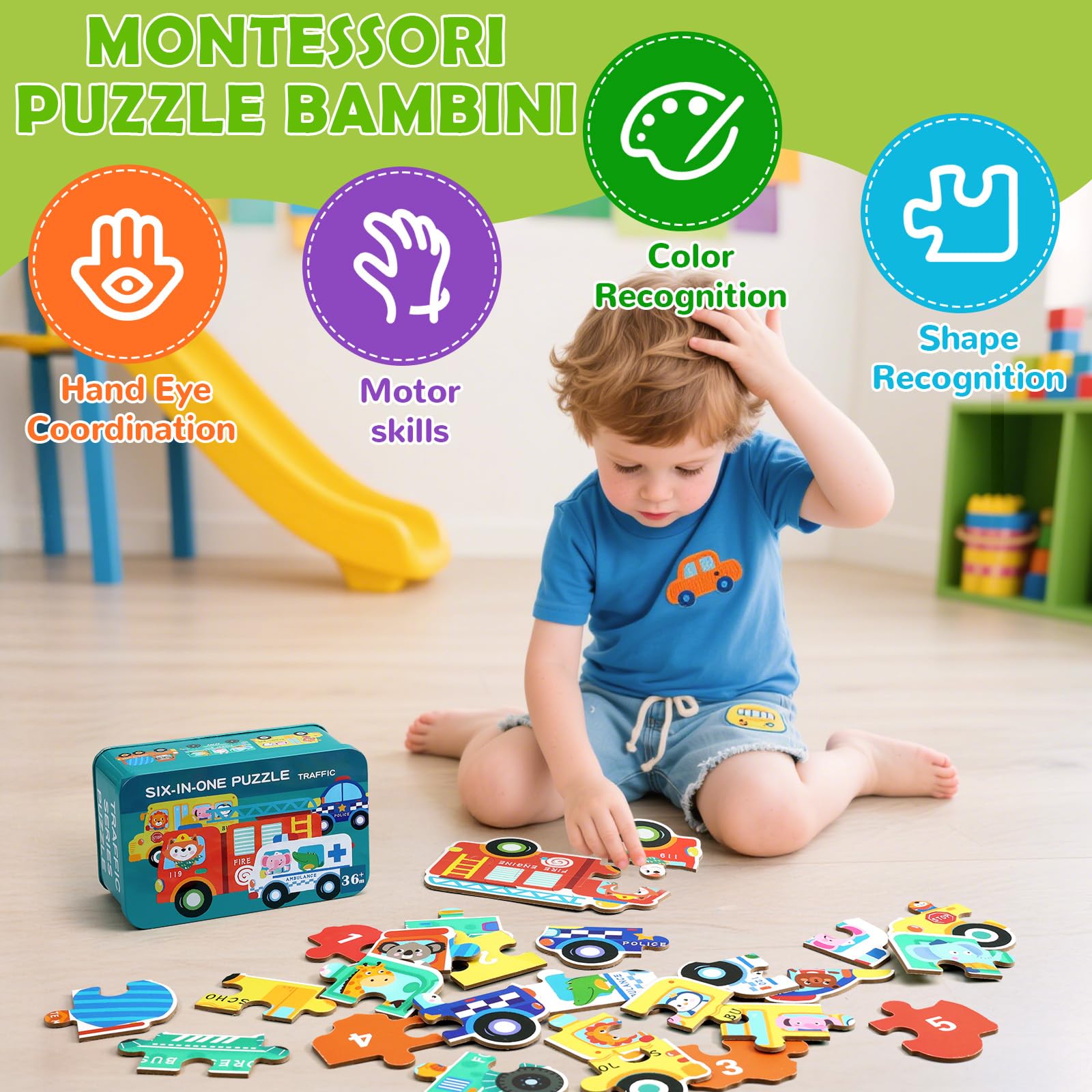 BBLIKE Puzzle 3 Años Juguetes Educativos Montessori, Puzzle Infantil 6 en 1 con Caja de Almacenamiento, Regalo para Niños 1-5 Años Conocer Animales y Automóviles, Juegos Didácticos Preescolar (Bus)