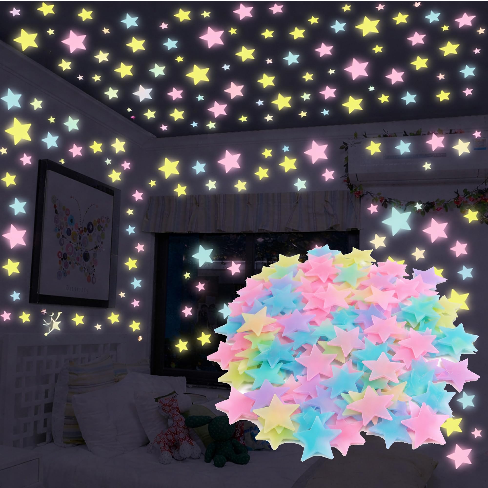 YTM Multicolor Glow in the Dark Stars Wall Stickers 100 Pcs | Fluorescent Night Glow Wall Ceiling Stars | Kids Room Teen Room Home Decor | Non-Toxic Eco-Friendly | Peel Stick Room Decor-image-9
