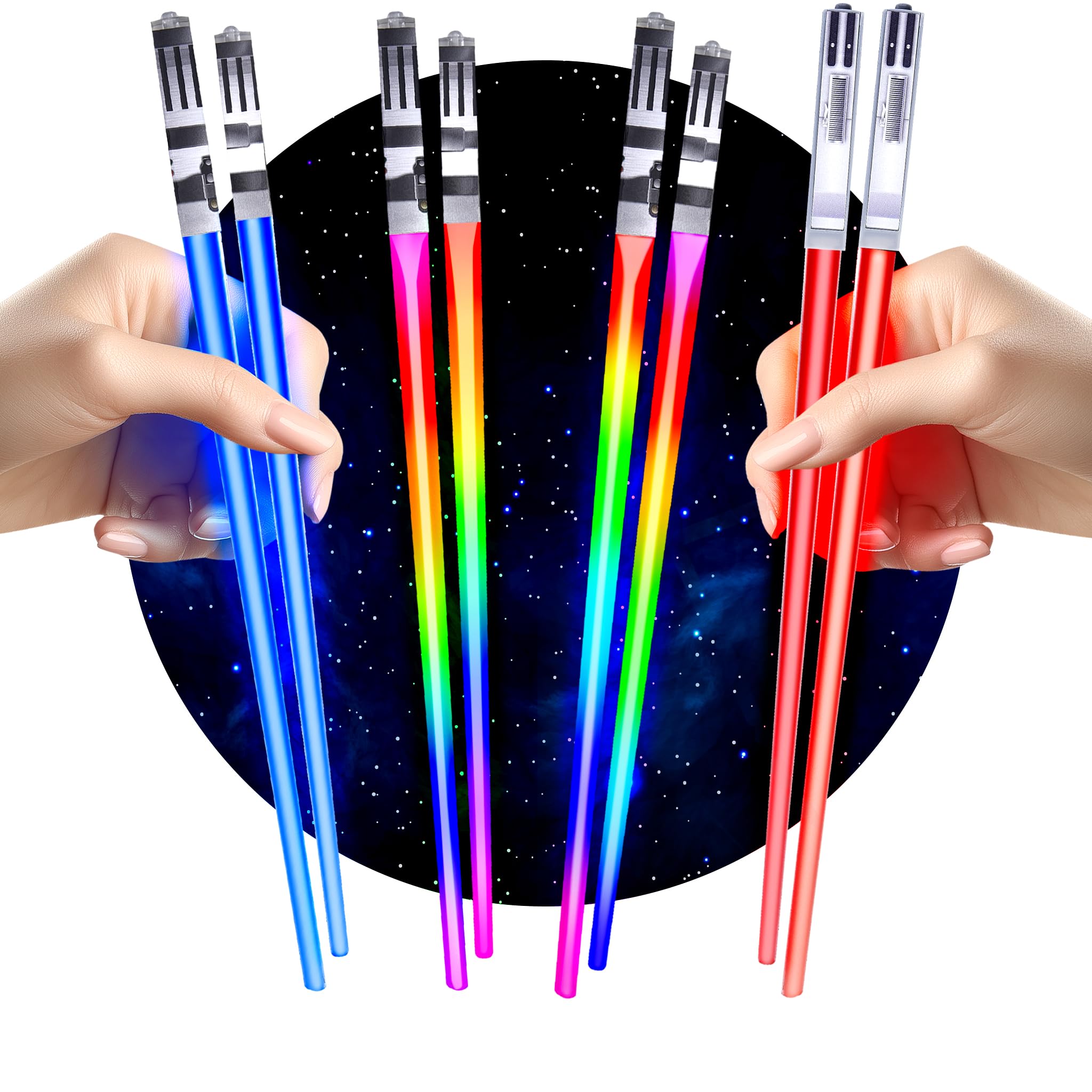 Lightsaber Chopsticks Light Up - LED Glowing Light Saber Chop Sticks - Reusable Sushi Lightup Sabers Chopstick Set Of 4 Pairs - 8 Changing Color Modes