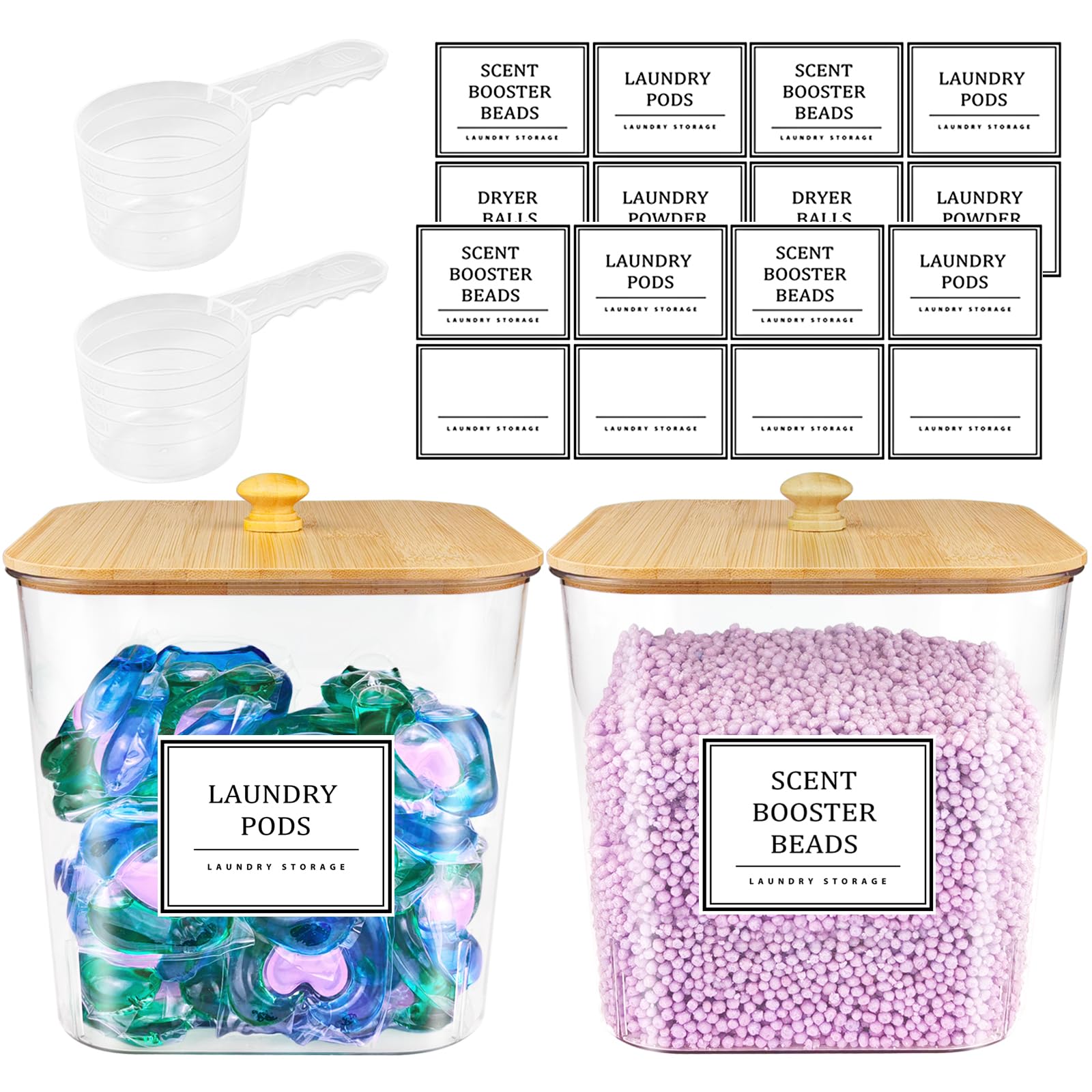HomePekite 2 Pack Laundry Pods Container,Laundry Room Organization and Storage Containers with Wooden Lids & Labels Large Laundry Detergent Container for Powder,Scent Booster,Pods,Dryer Ball