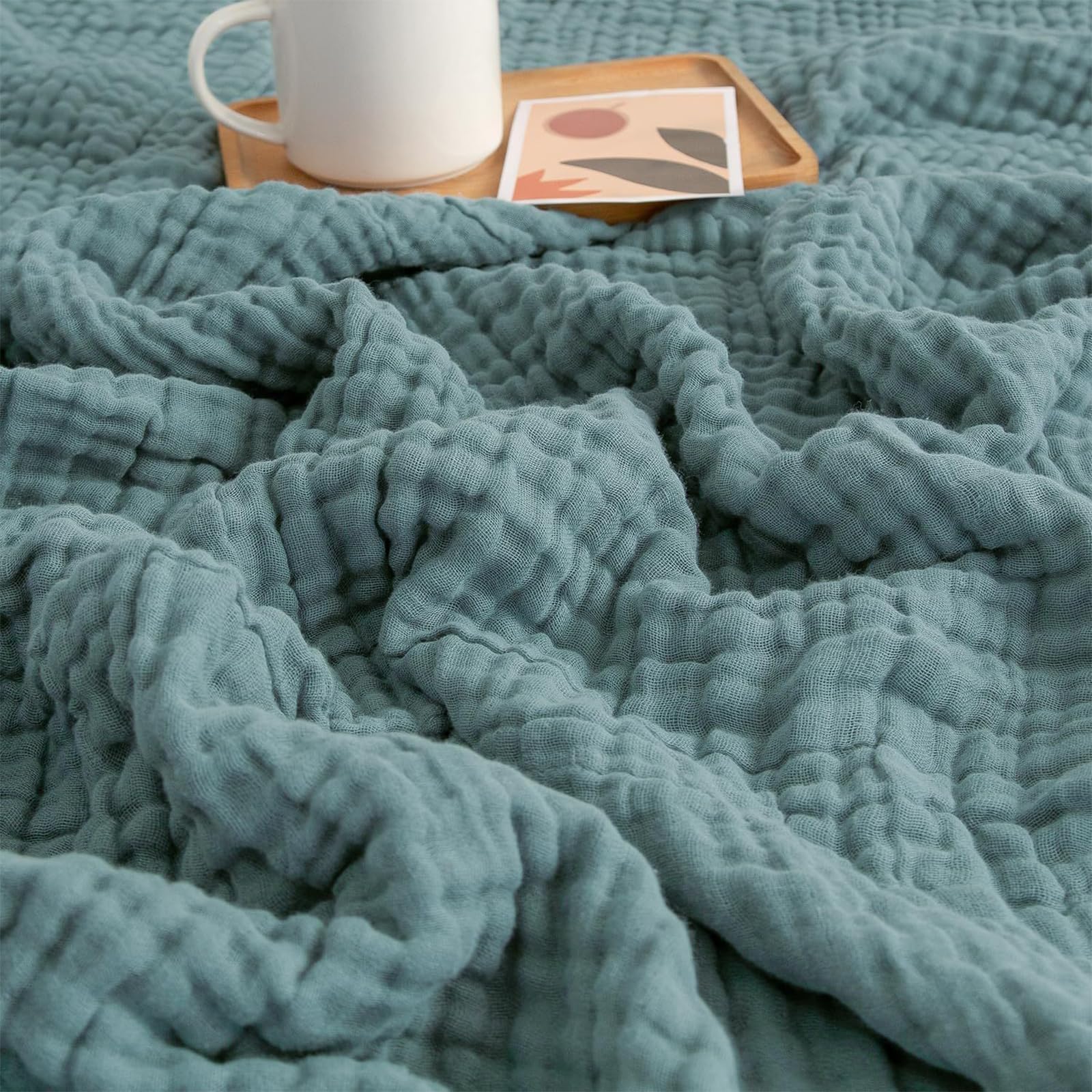 Muslin Decke, Musselin Decke 150 X 200, 100% NatüRliche Musselindecke Leichte Sanfte, All Season Comforter, DüNne Baumwolldecke Sommer, Boho Bedding, Sofa Blanket(Dunkelgrün, 150x200cm)