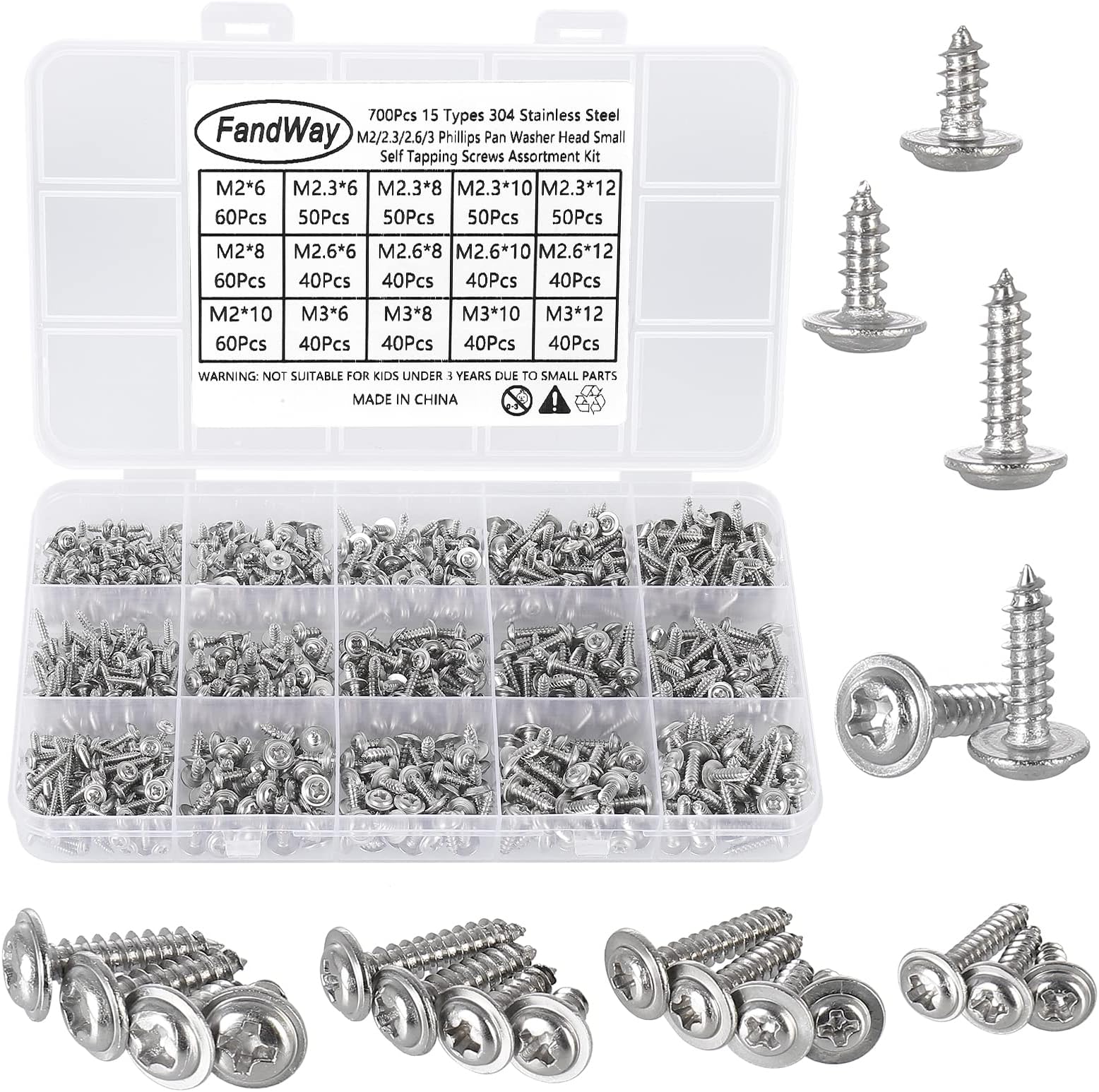 700Pcs Self Tapping Screws 304 Stainless Steel,M2 M2.3 M2.6 M3 Small Wood Screws Kit,Pan Head Self Drilling Screw,Washer Head Sheet Metal Screw Phillips Drive for DIY Woodwork Repairs.